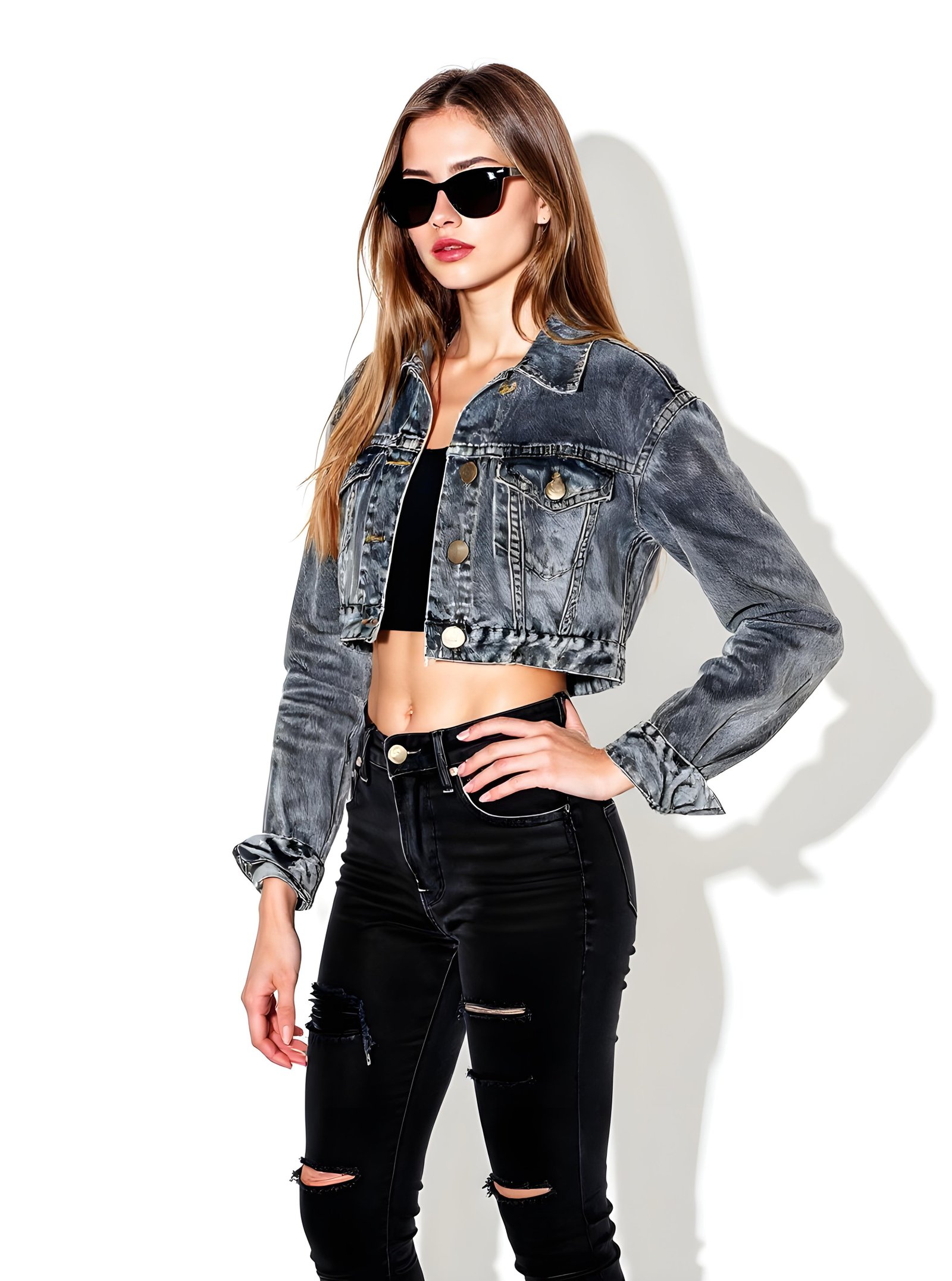 Stylish Woman Wearing Fashionable Leather Jacket and Sunglasses Isolated on White Background