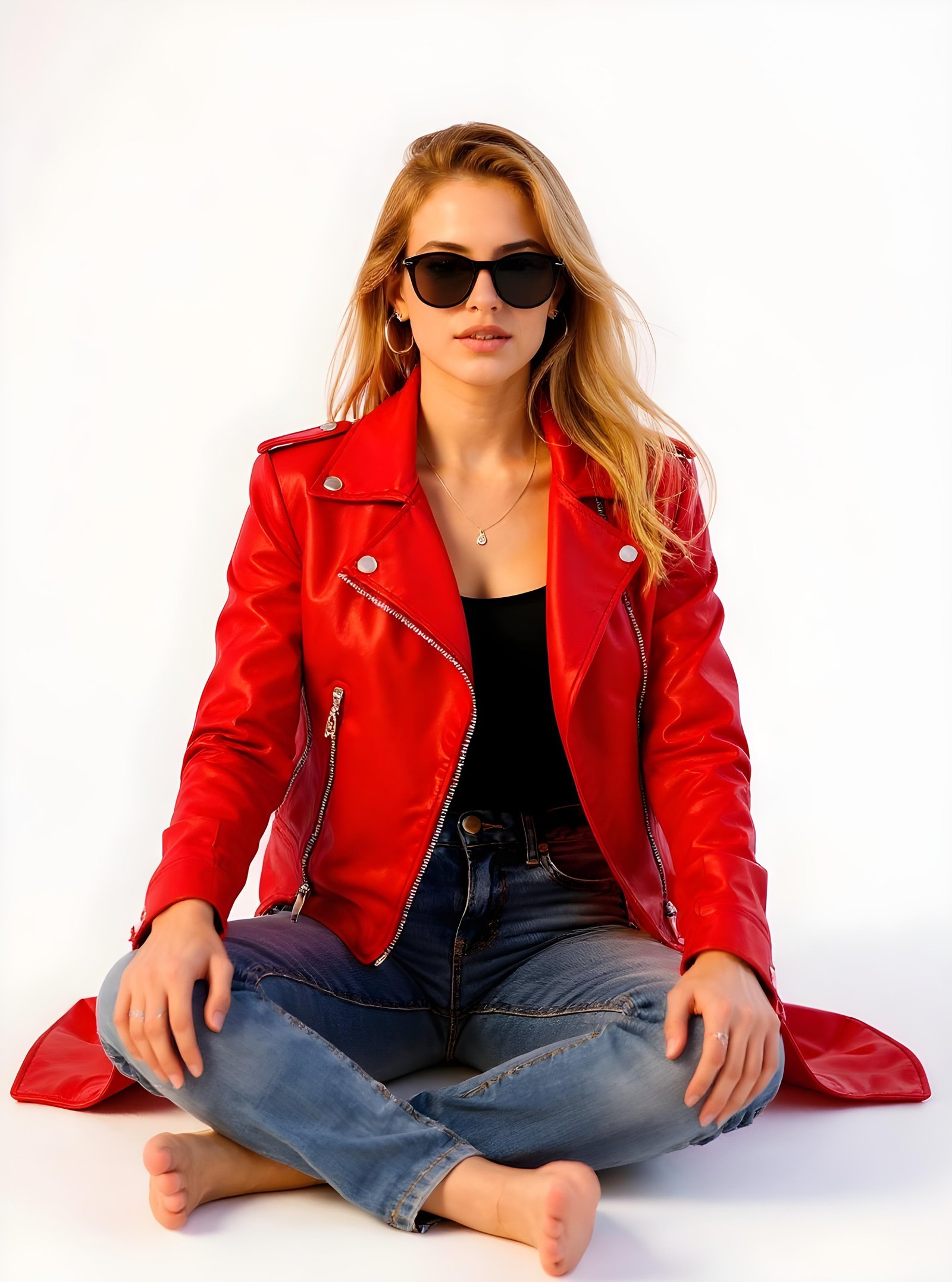 Stylish Woman Wearing Fashionable Leather Jacket and Sunglasses Isolated on White Background
