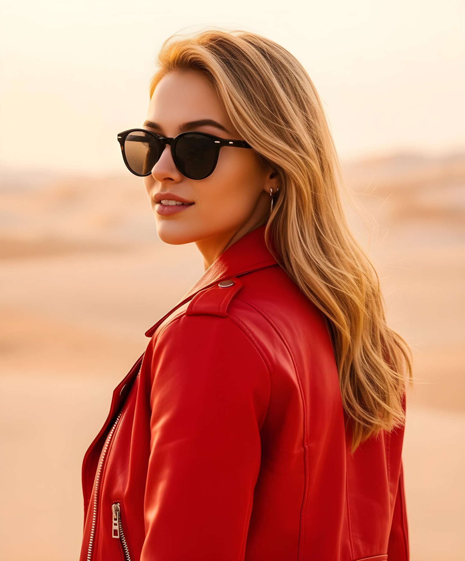 Stylish Woman Wearing Fashionable Leather Jacket and Sunglasses Isolated on White Background