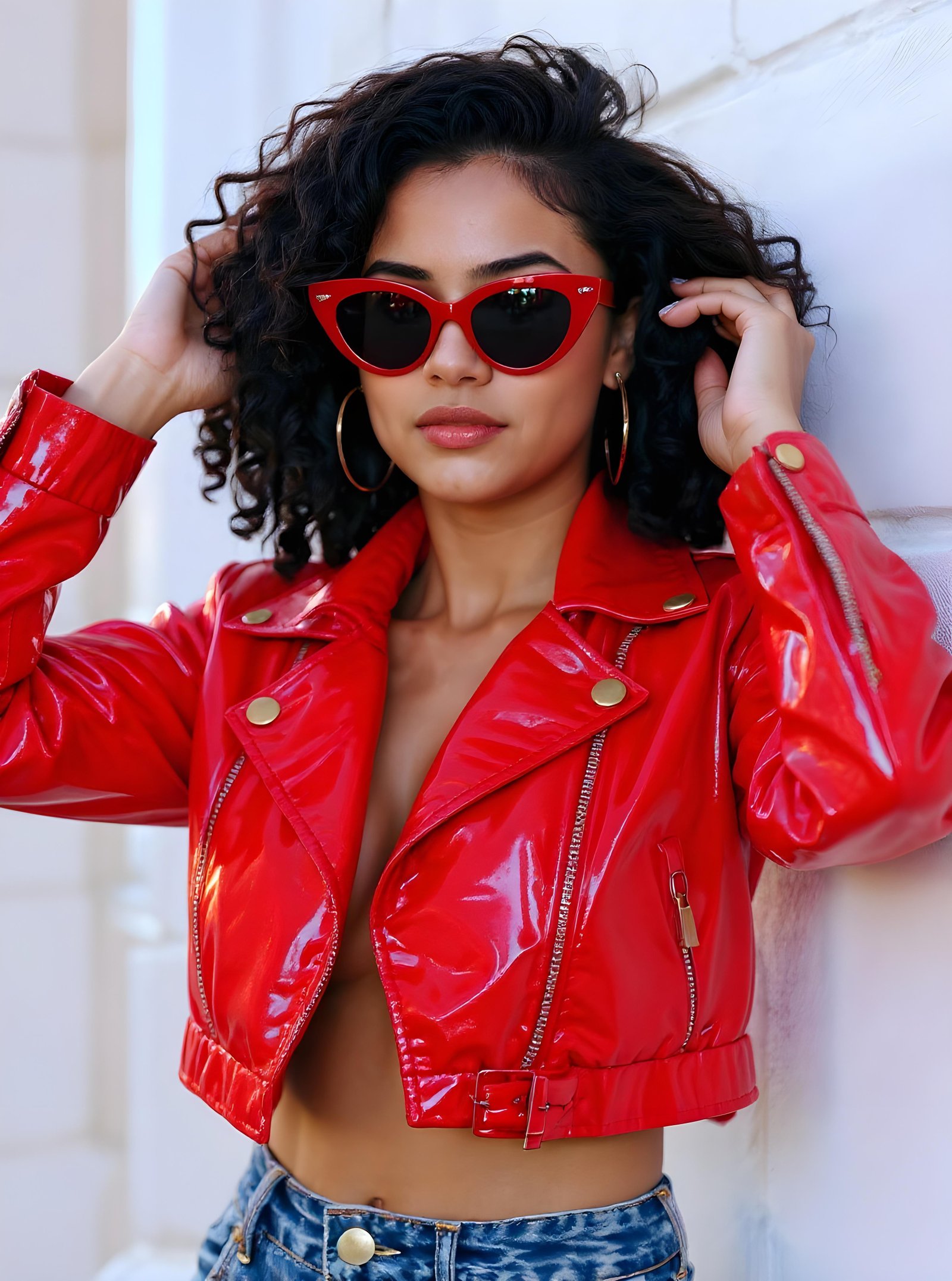 Stylish Woman Wearing Fashionable Leather Jacket and Sunglasses Isolated on White Background