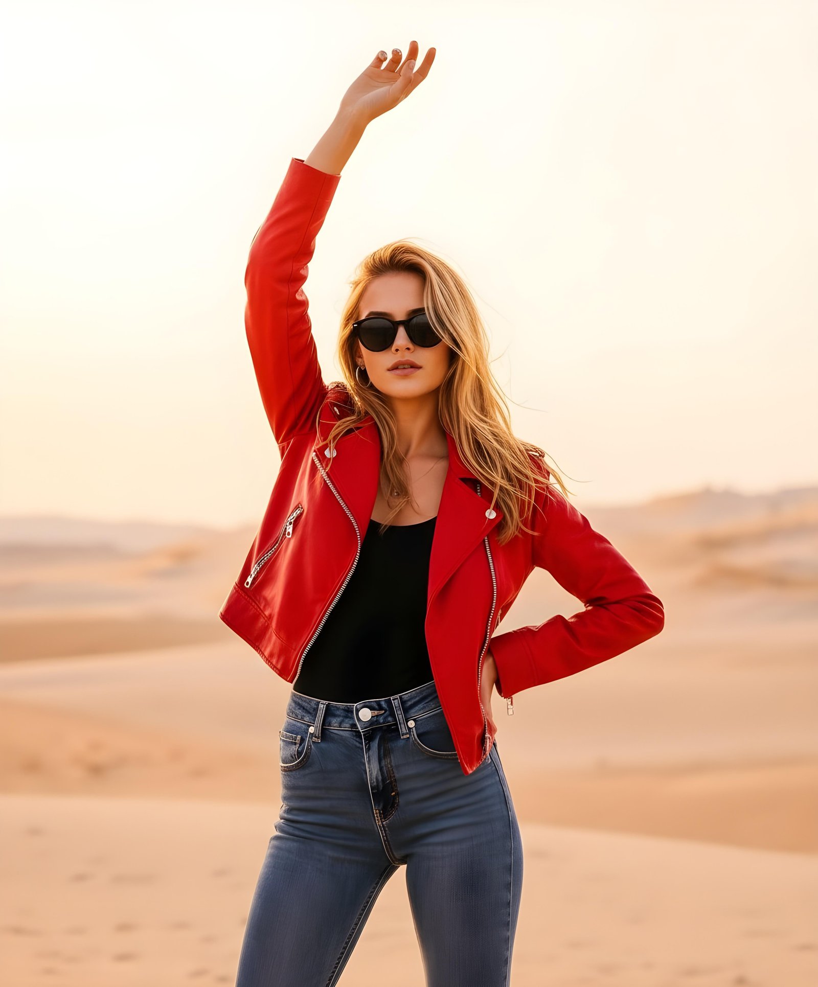 Stylish Woman Wearing Fashionable Leather Jacket and Sunglasses Isolated on White Background