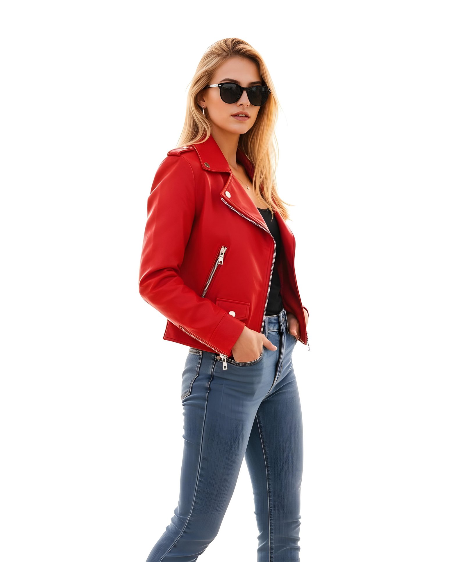 Stylish Woman Wearing Fashionable Leather Jacket and Sunglasses Isolated on White Background