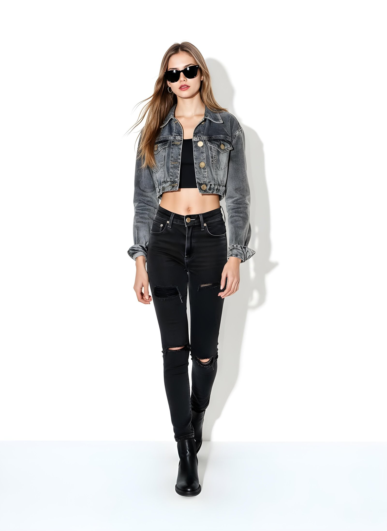 Stylish Woman Wearing Fashionable Leather Jacket and Sunglasses Isolated on White Background