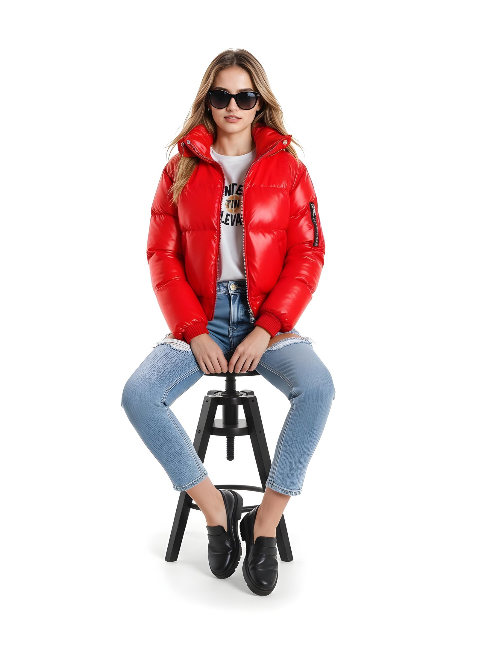 Stylish Woman Wearing Fashionable Leather Jacket and Sunglasses Isolated on White Background