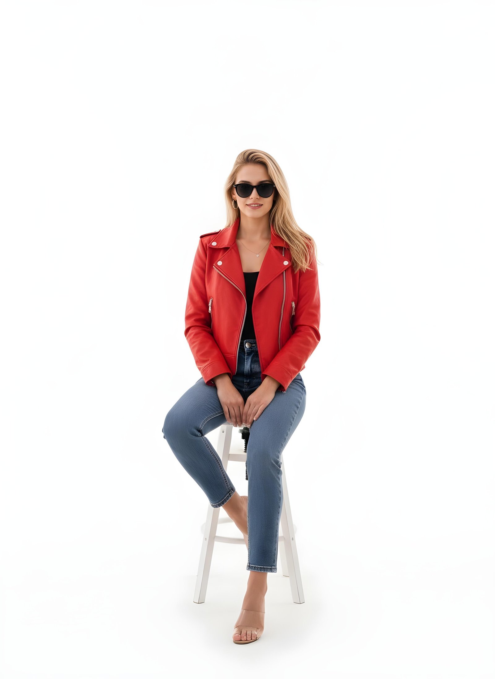 Stylish Woman Wearing Fashionable Leather Jacket and Sunglasses Isolated on White Background