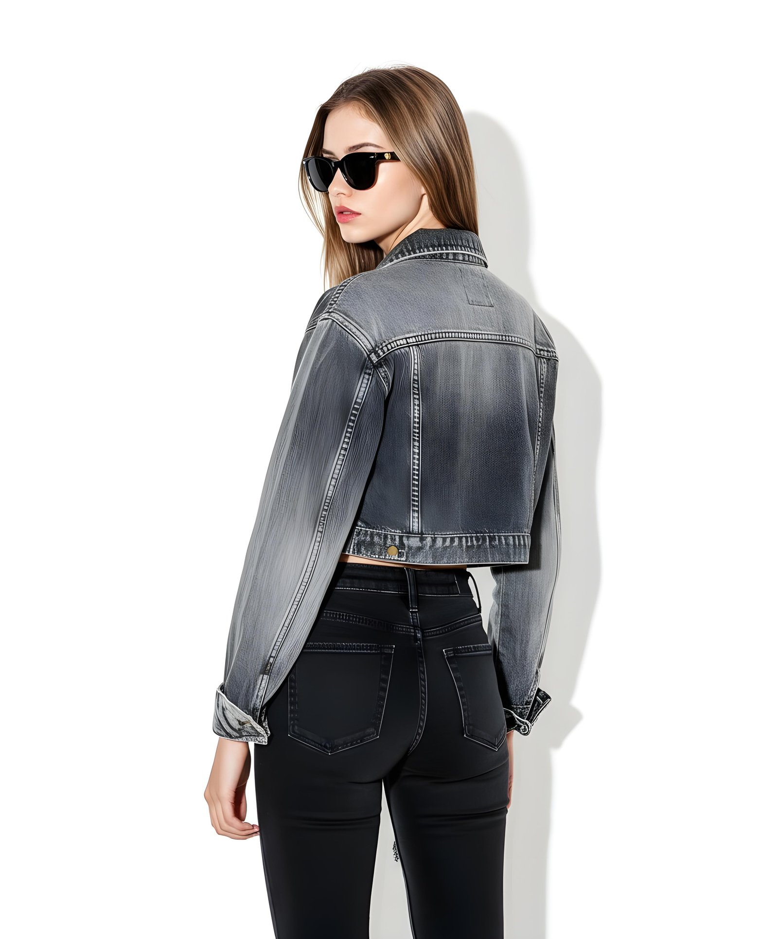 Stylish Woman Wearing Fashionable Leather Jacket and Sunglasses Isolated on White Background