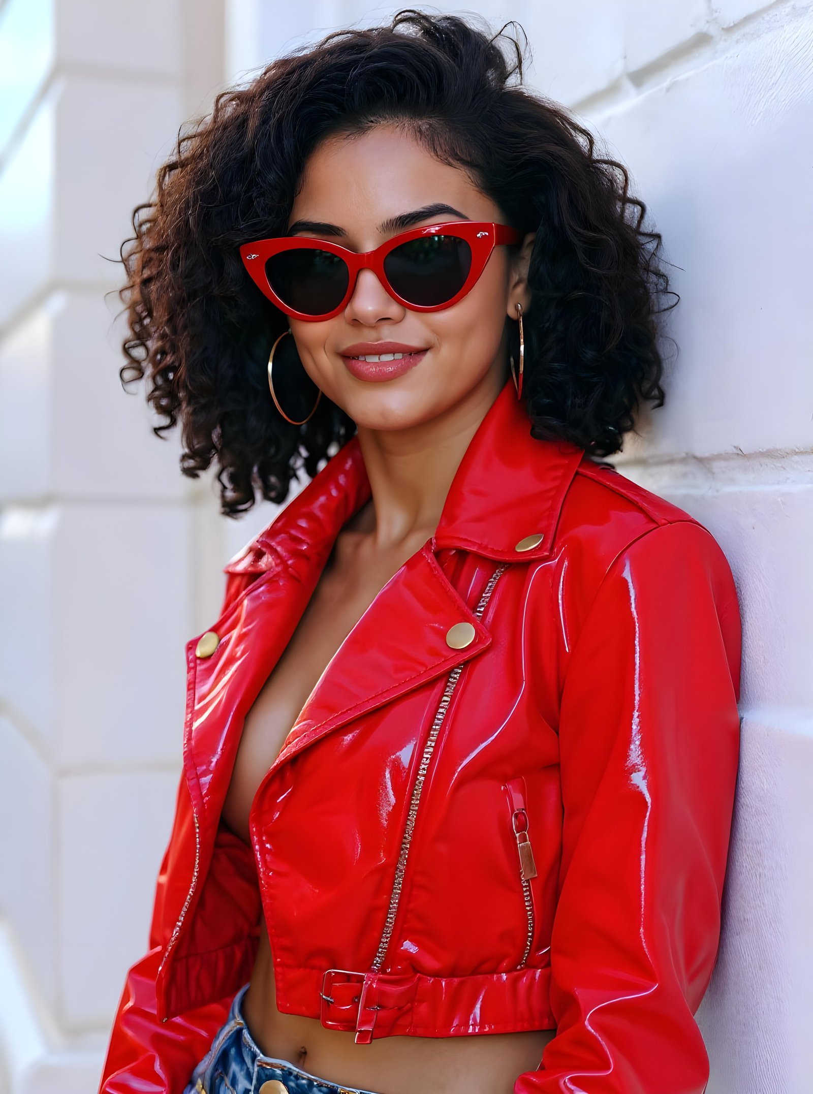 Stylish Woman Wearing Fashionable Leather Jacket and Sunglasses Isolated on White Background