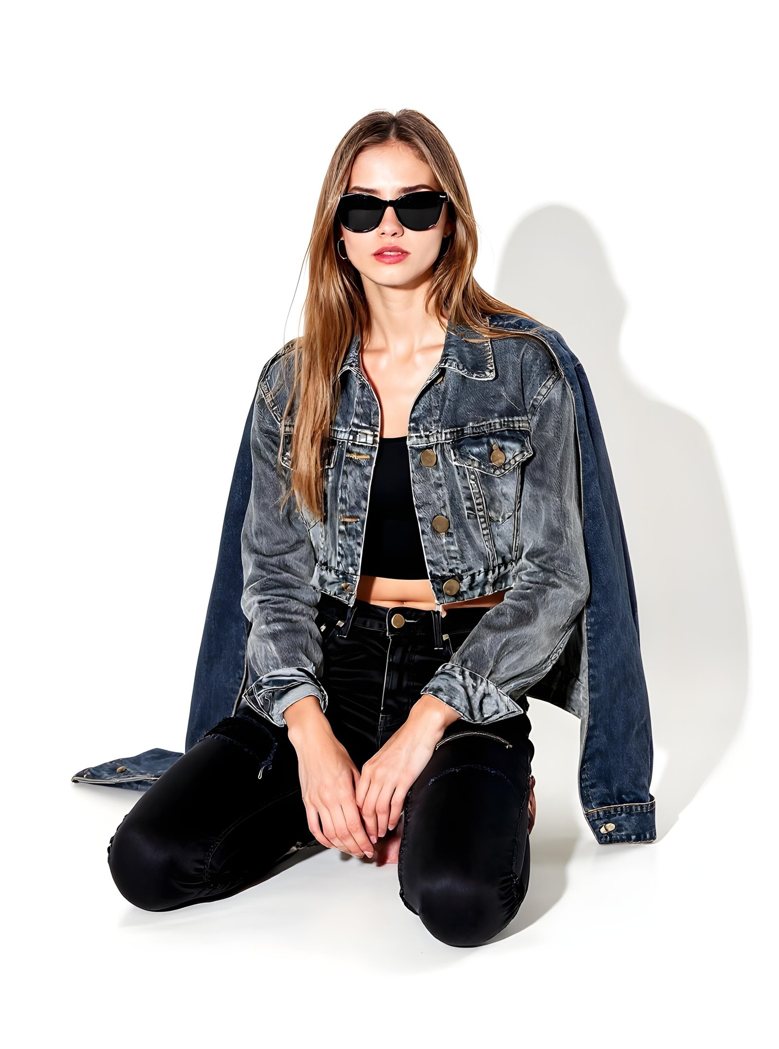 Stylish Woman Wearing Fashionable Leather Jacket and Sunglasses Isolated on White Background