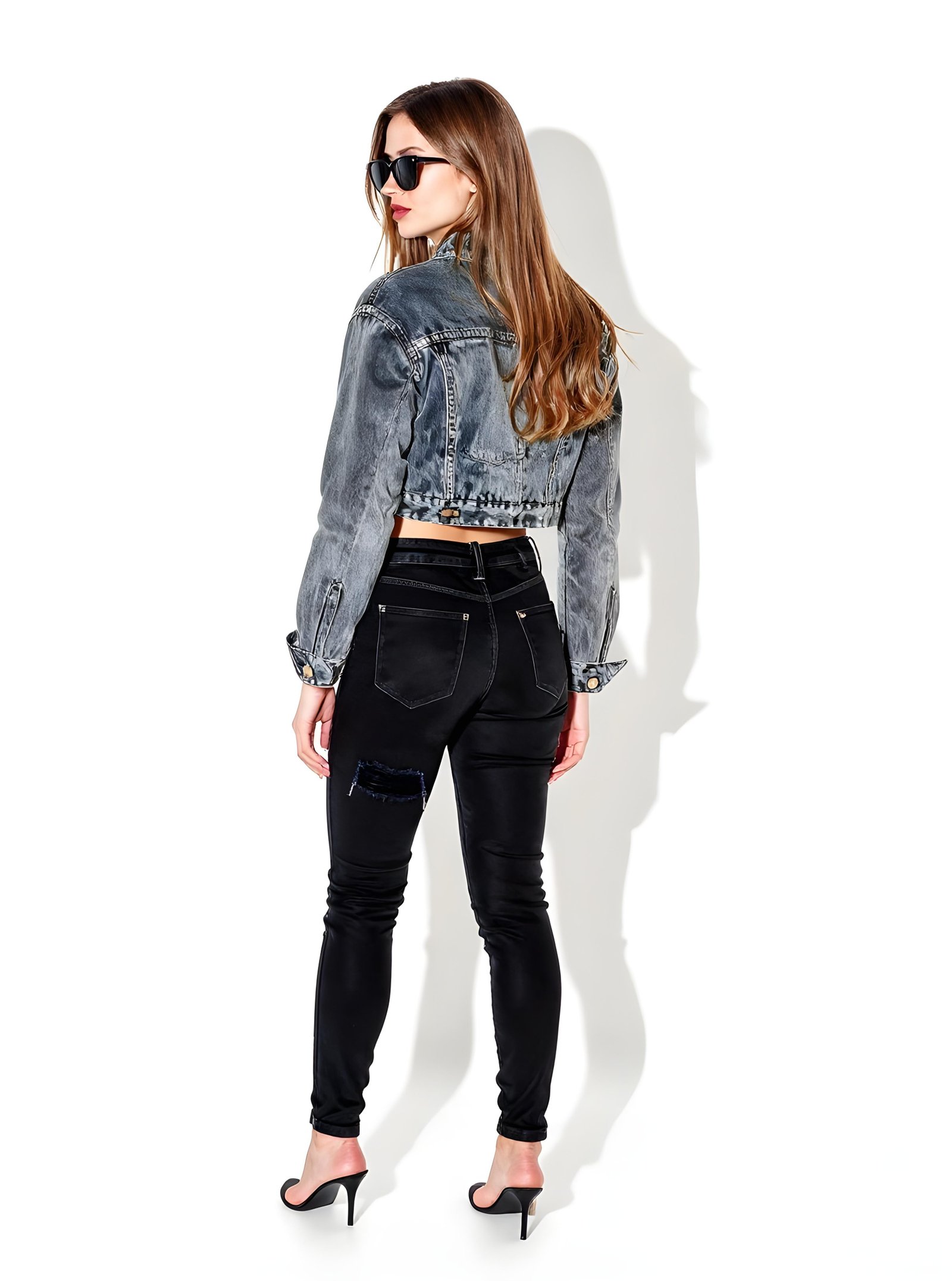 Stylish Woman Wearing Fashionable Leather Jacket and Sunglasses Isolated on White Background