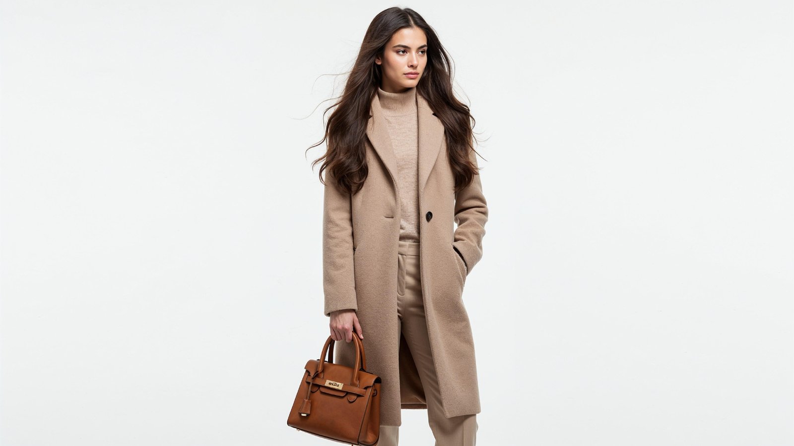 Stylish Young Woman in Beige Coat with Leather Handbag