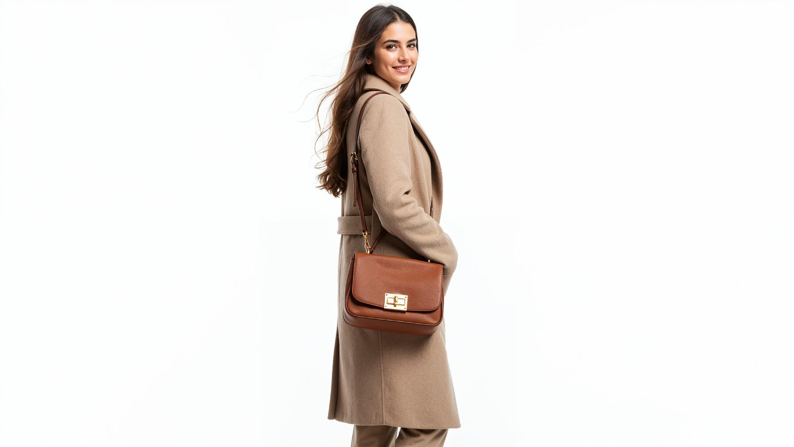 Stylish Young Woman in Beige Coat with Leather Handbag