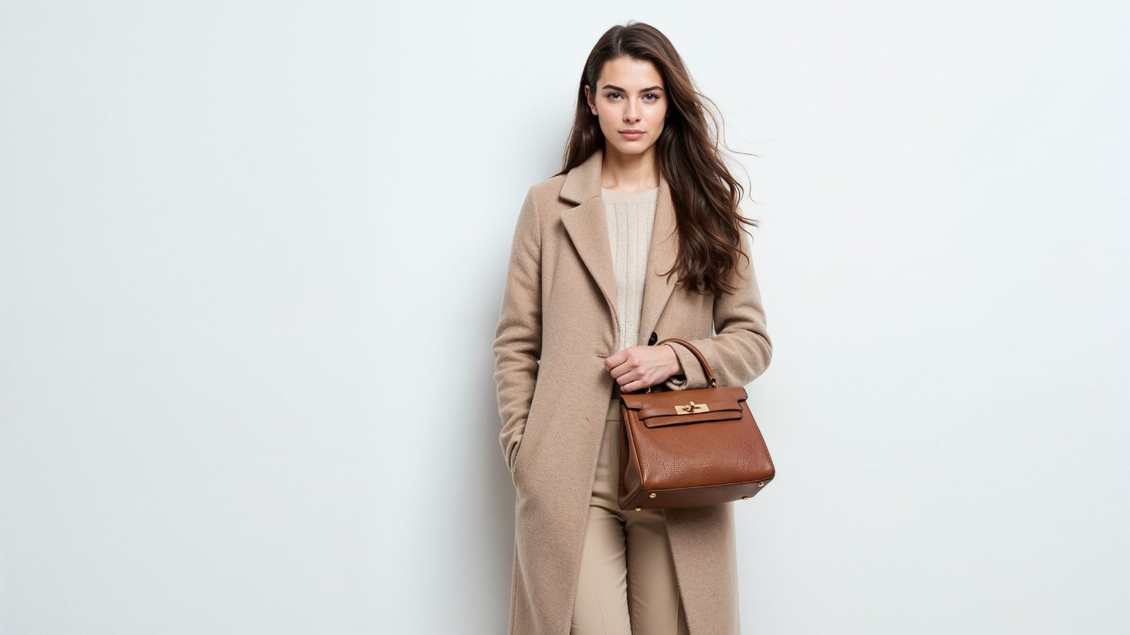 Stylish Young Woman in Beige Coat with Leather Handbag
