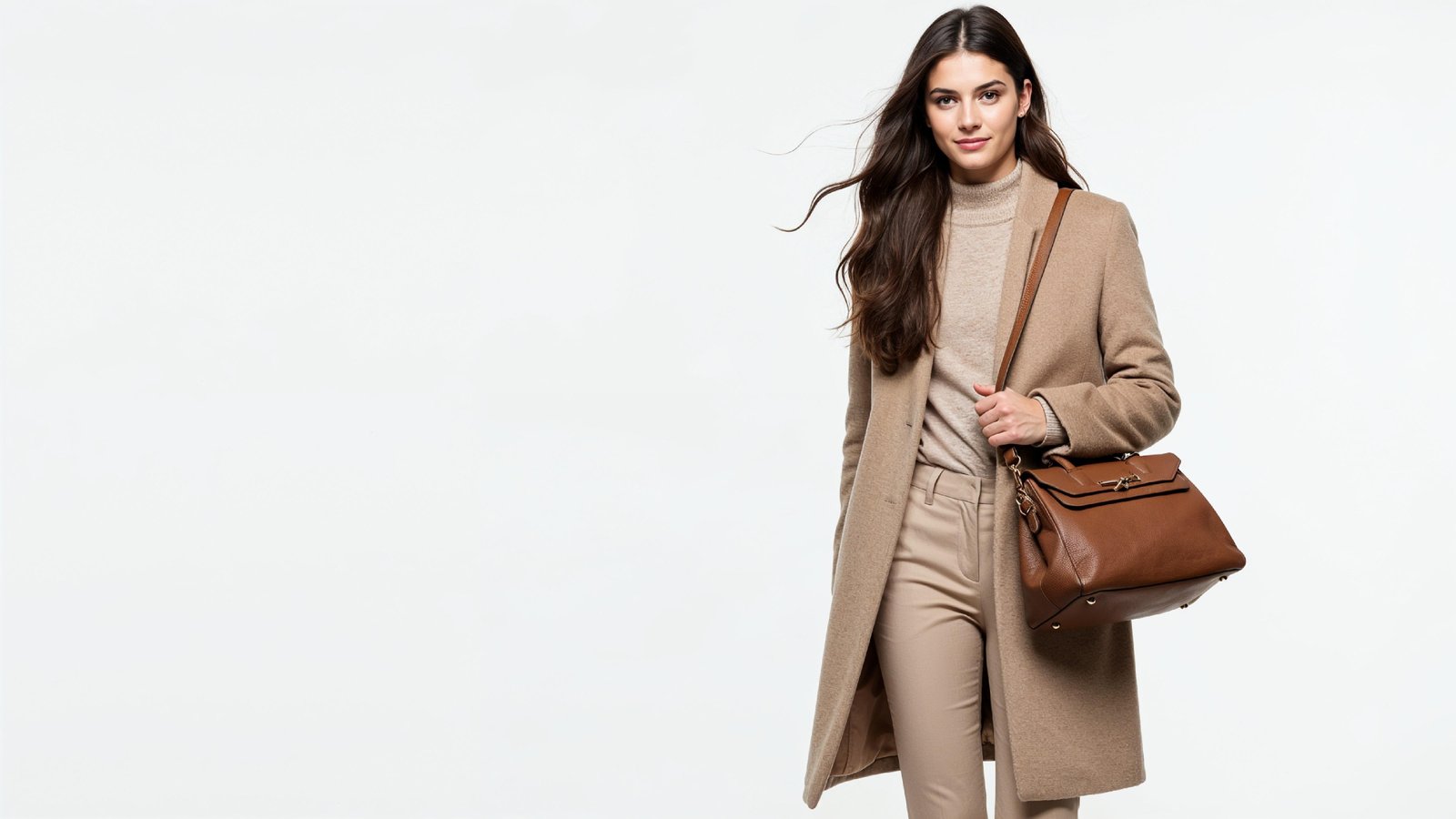 Stylish Young Woman in Beige Coat with Leather Handbag