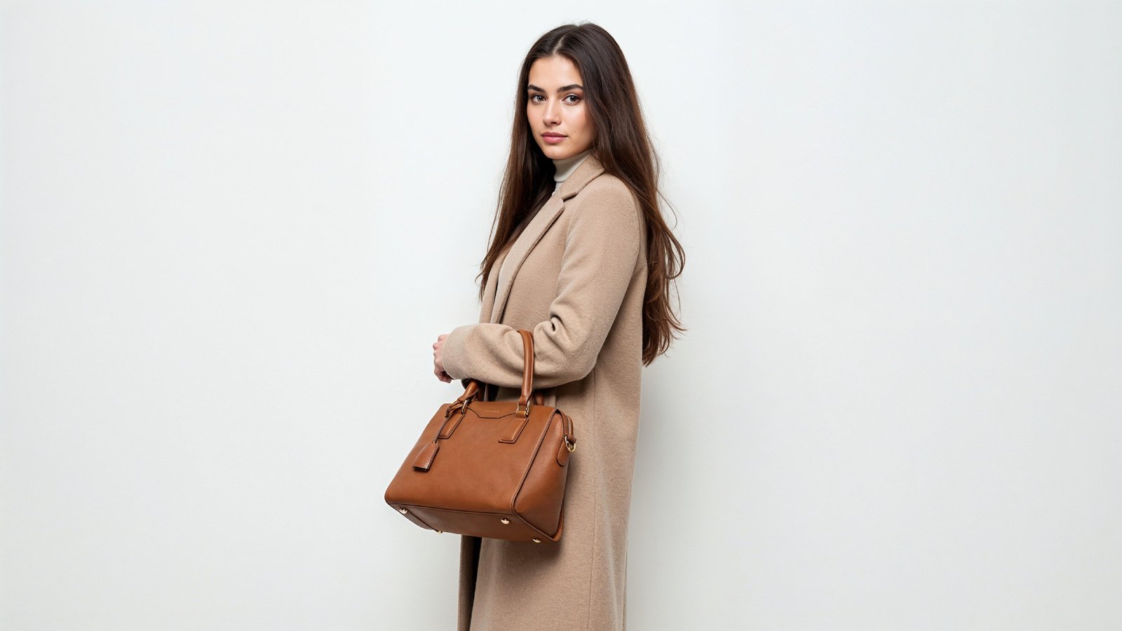 Stylish Young Woman in Beige Coat with Leather Handbag