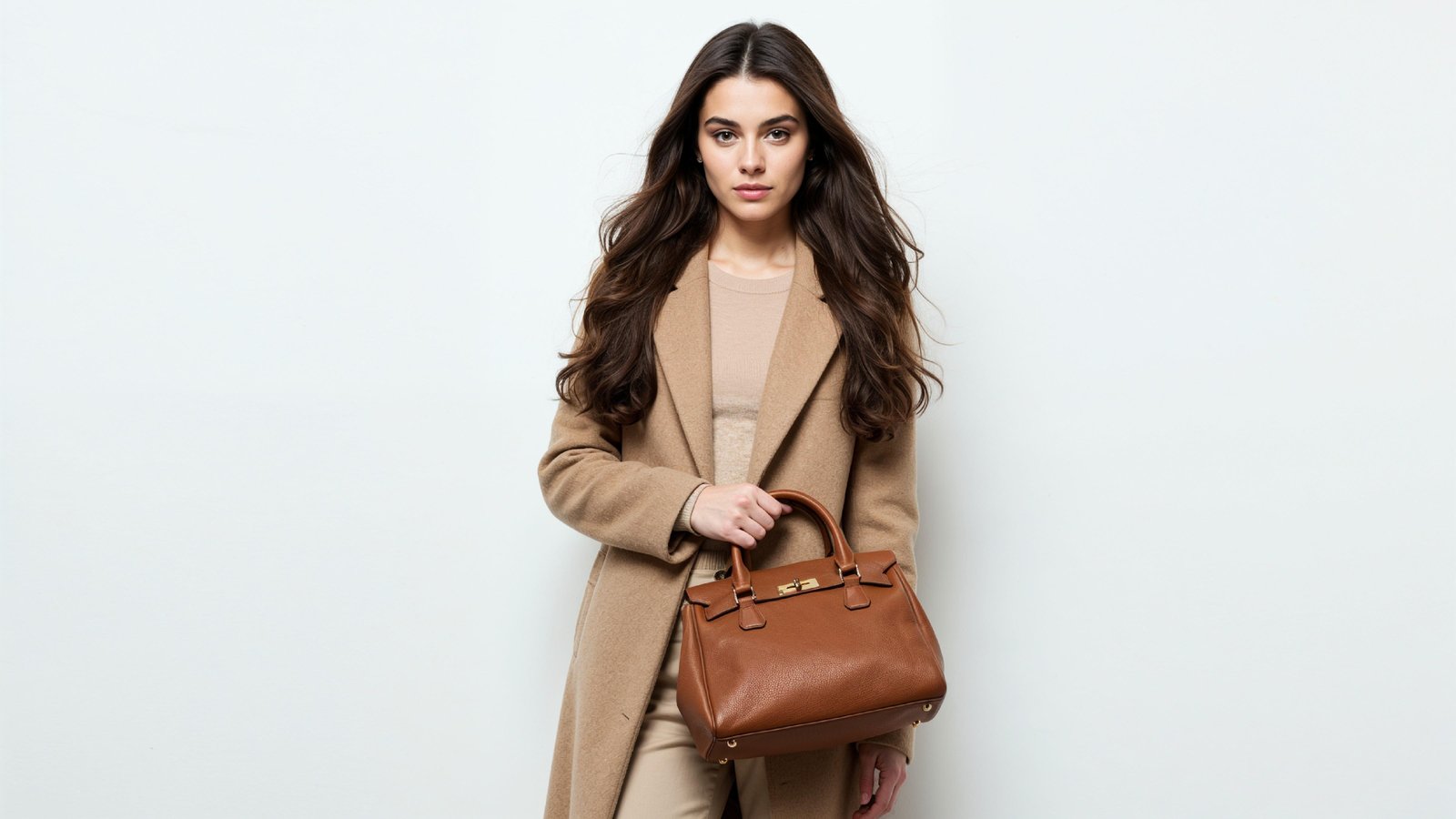 Stylish Young Woman in Beige Coat with Leather Handbag