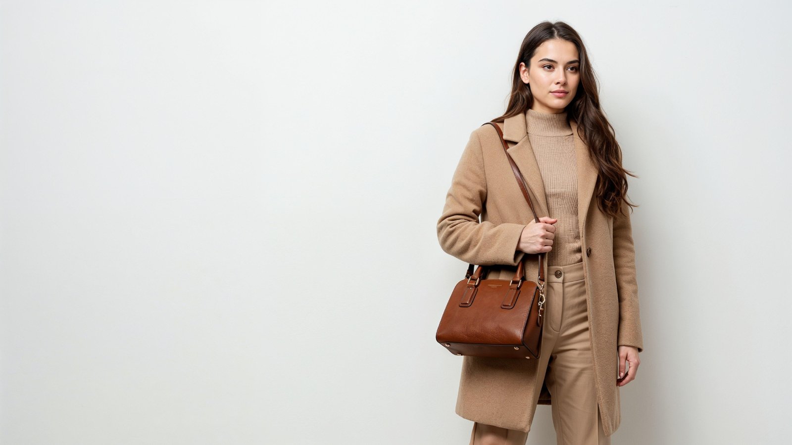 Stylish Young Woman in Beige Coat with Leather Handbag