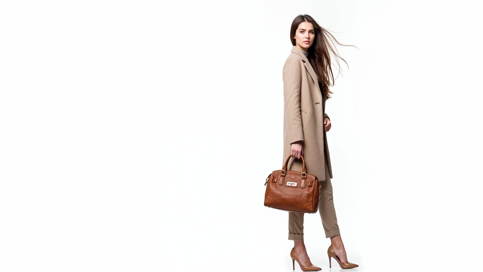 Stylish Young Woman in Beige Coat with Leather Handbag