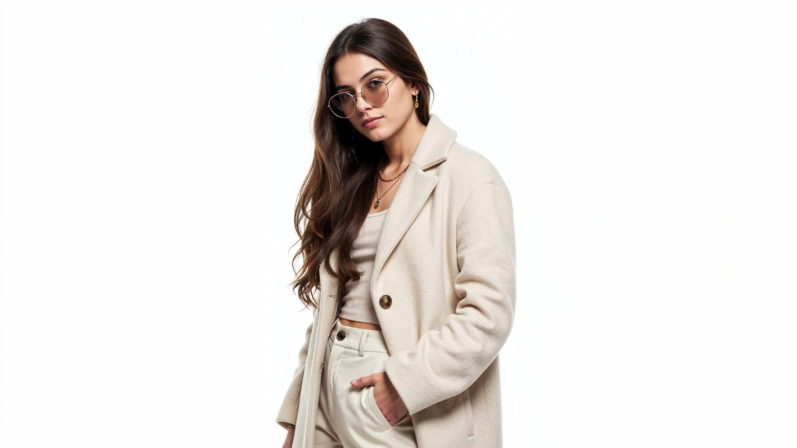 Stylish Young Woman Wearing Elegant Coat and Modern Fashion Outfit