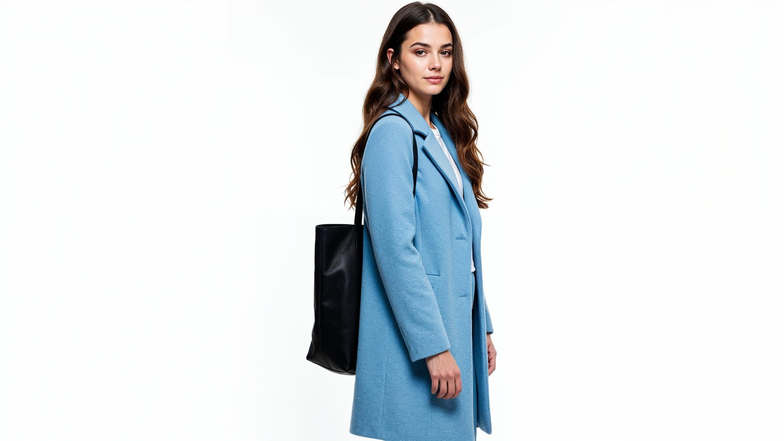 Stylish Young Woman Wearing Sky Blue Coat and Carrying Black Handbag