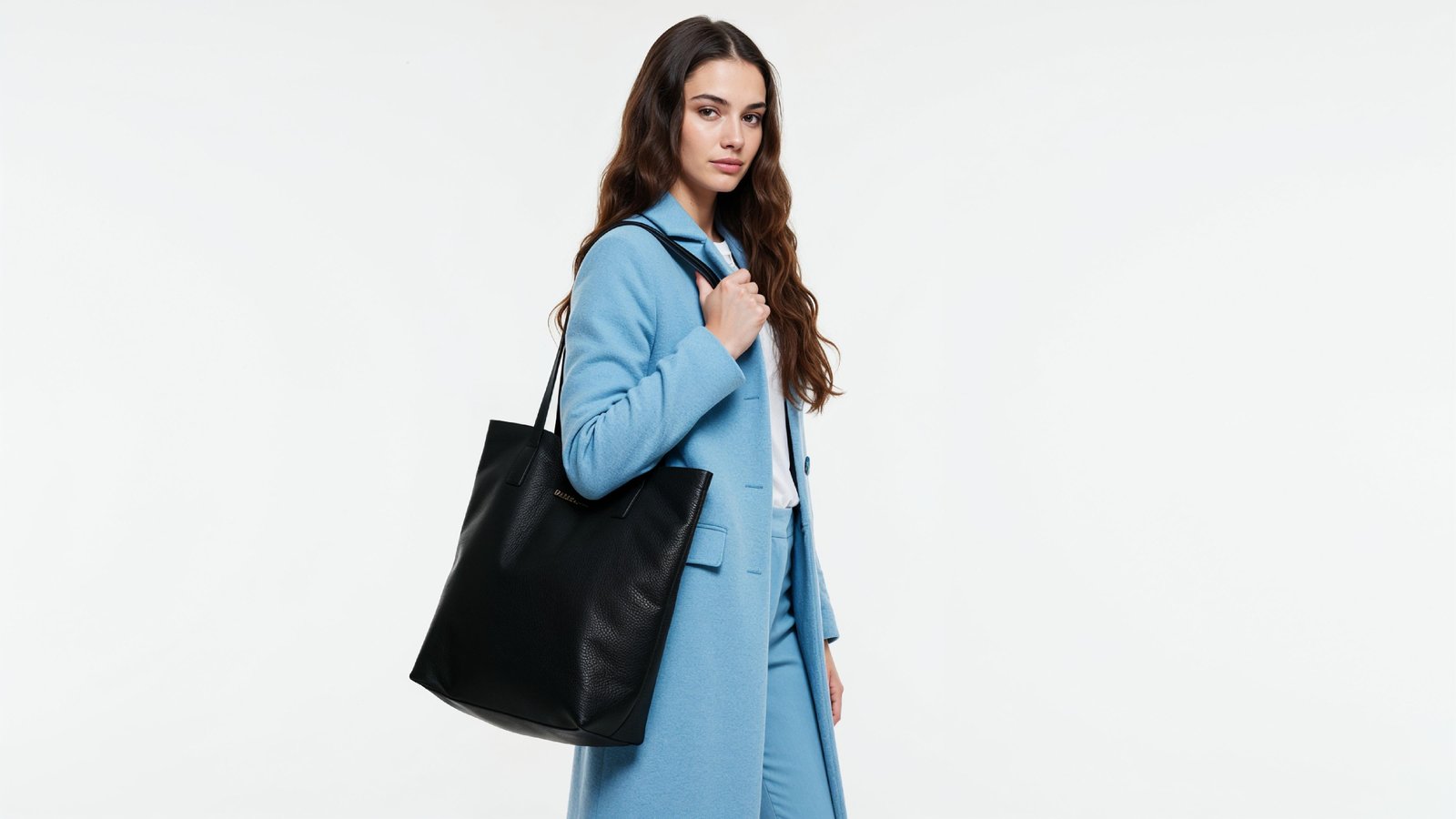 Stylish Young Woman Wearing Sky Blue Coat and Carrying Black Handbag