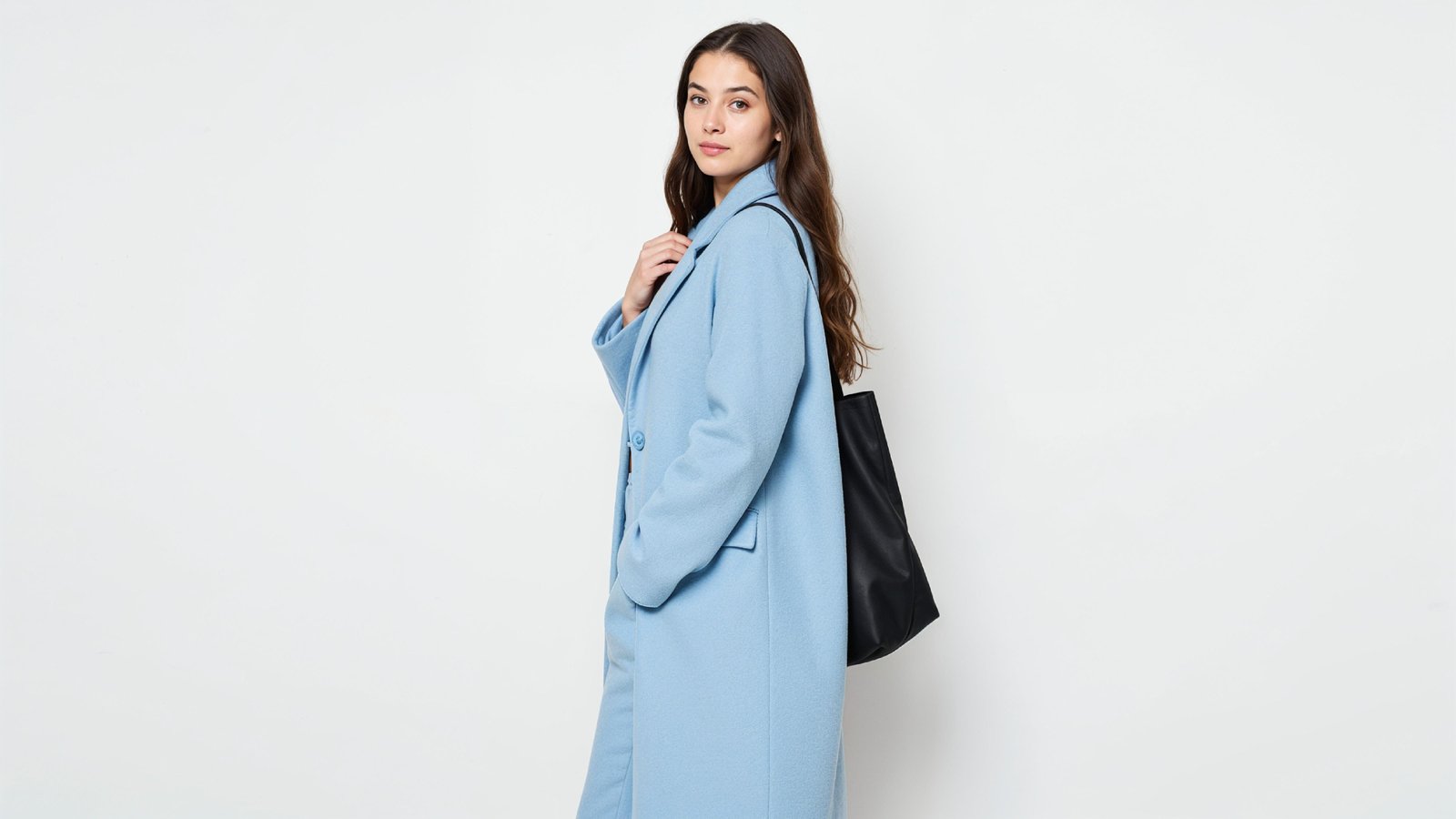 Stylish Young Woman Wearing Sky Blue Coat and Carrying Black Handbag