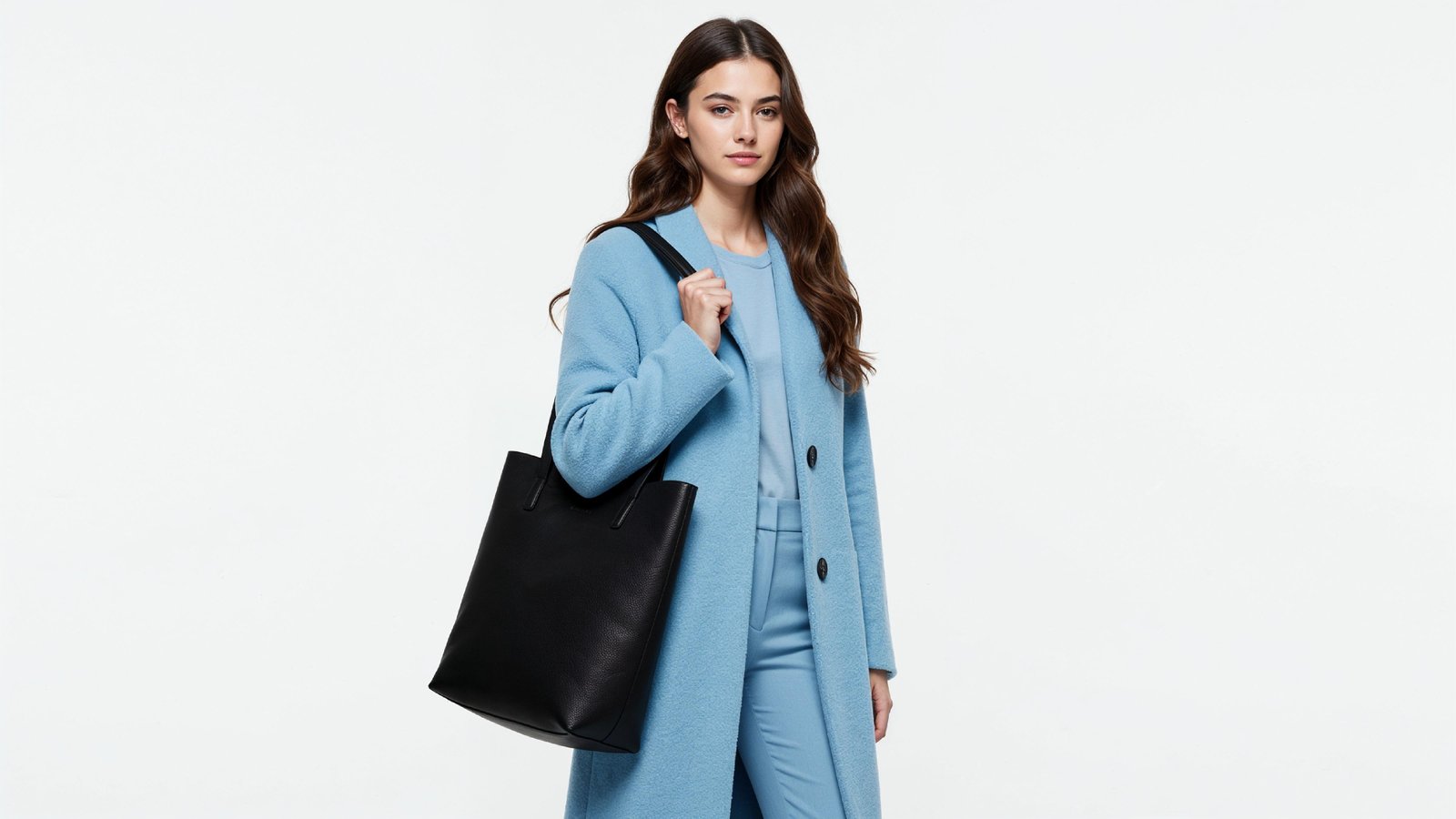 Stylish Young Woman Wearing Sky Blue Coat and Carrying Black Handbag