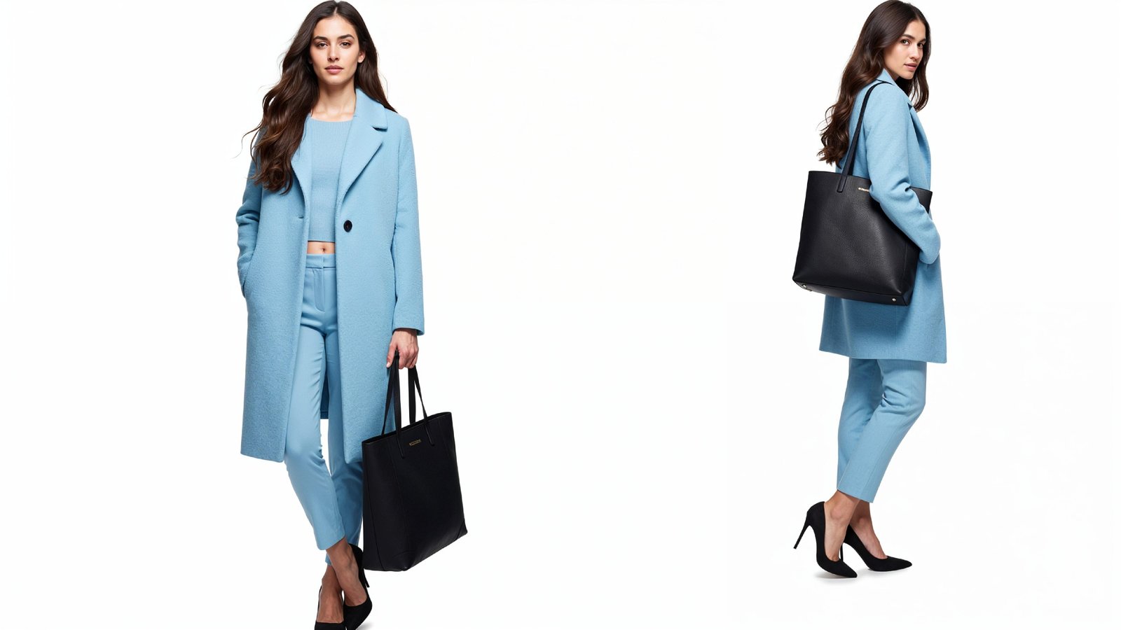 Stylish Young Woman Wearing Sky Blue Coat and Carrying Black Handbag