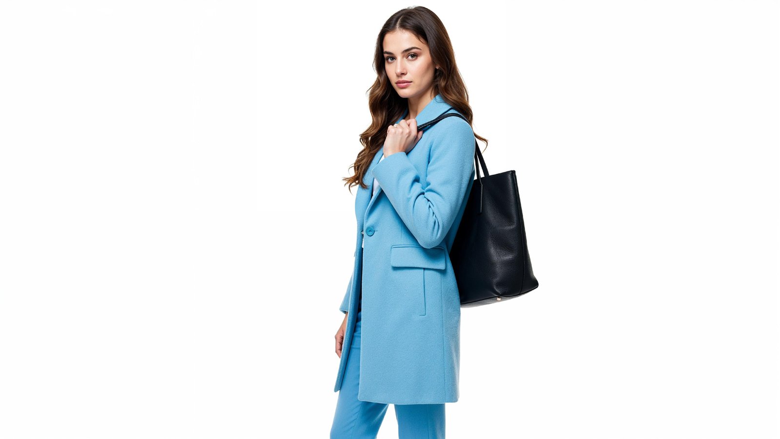 Stylish Young Woman Wearing Sky Blue Coat and Carrying Black Handbag