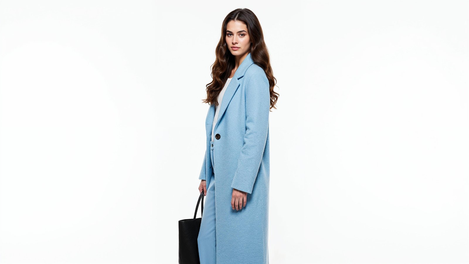 Stylish Young Woman Wearing Sky Blue Coat and Carrying Black Handbag