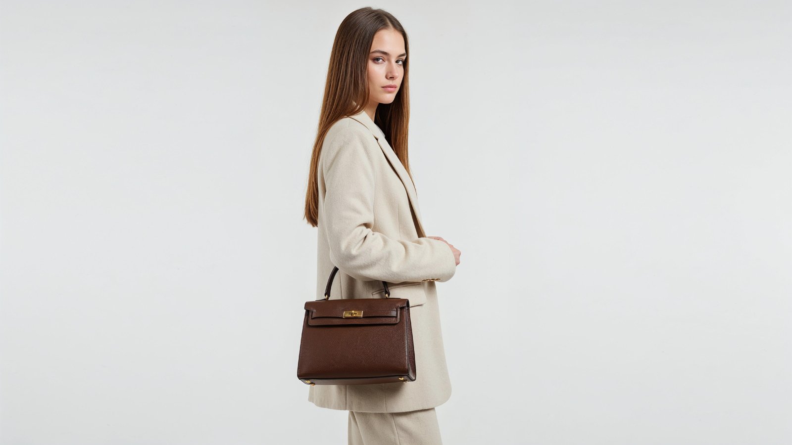 Trendy Young Woman Wearing Cream Coat Pant Suit with Leather Handbag