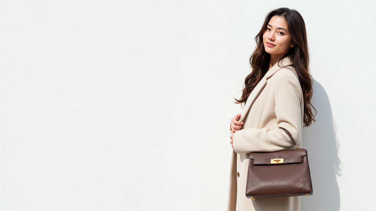 Trendy Young Woman Wearing Cream Coat Pant Suit with Leather Handbag