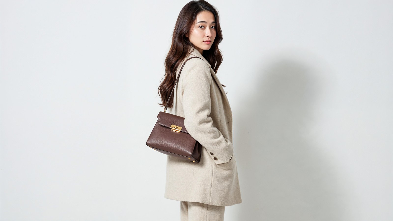 Trendy Young Woman Wearing Cream Coat Pant Suit with Leather Handbag