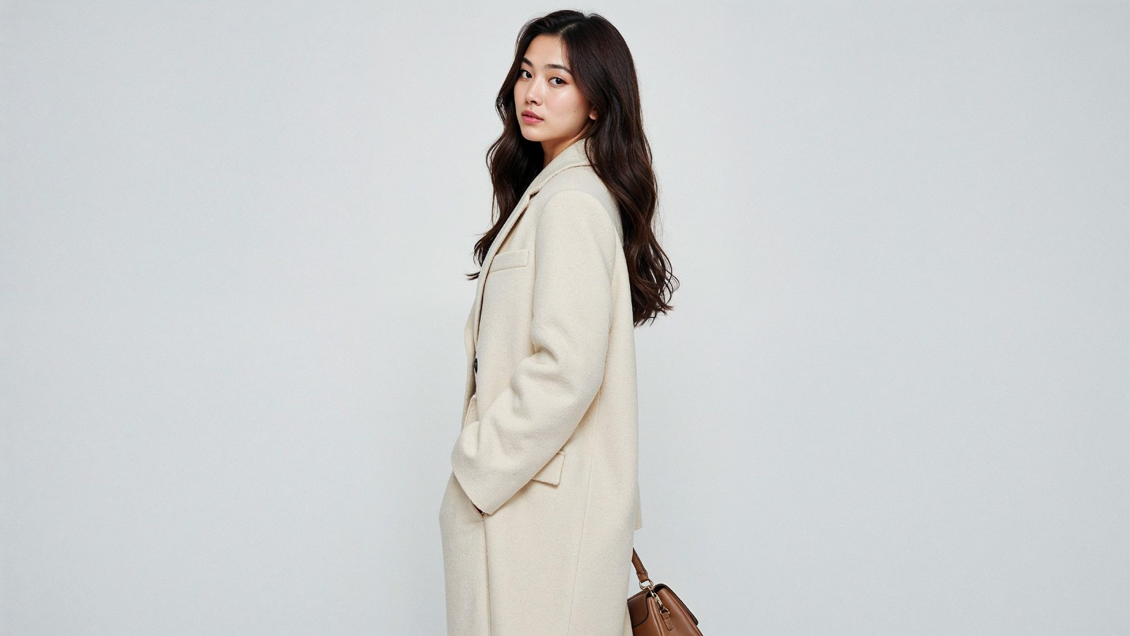 Trendy Young Woman Wearing Cream Coat Pant Suit with Leather Handbag