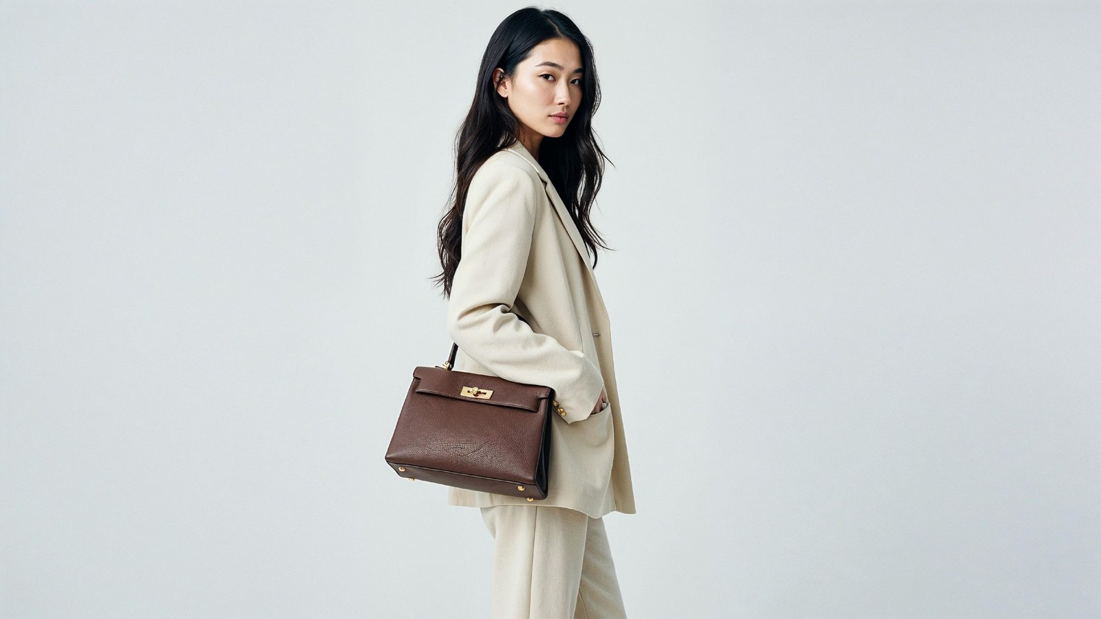 Trendy Young Woman Wearing Cream Coat Pant Suit with Leather Handbag