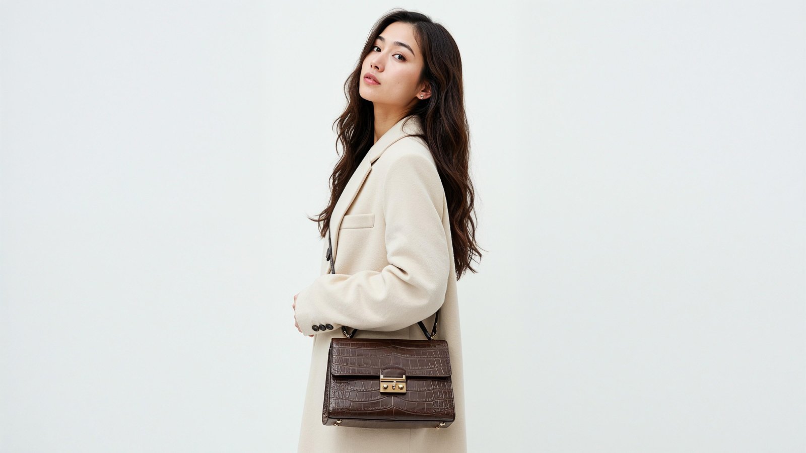 Trendy Young Woman Wearing Cream Coat Pant Suit with Leather Handbag