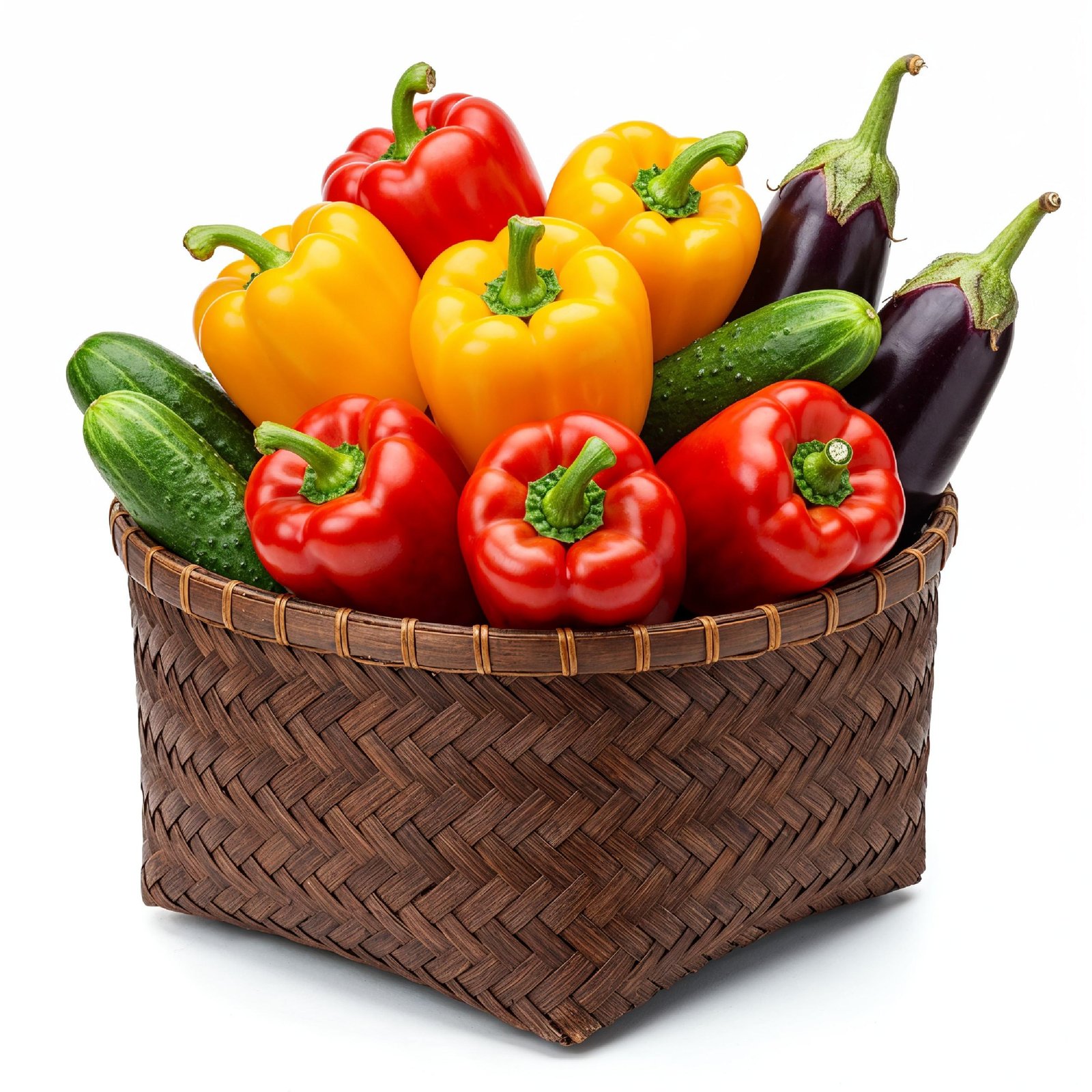 Colorful Fresh Vegetables in Decorative Bamboo Basket Isolated on White Background