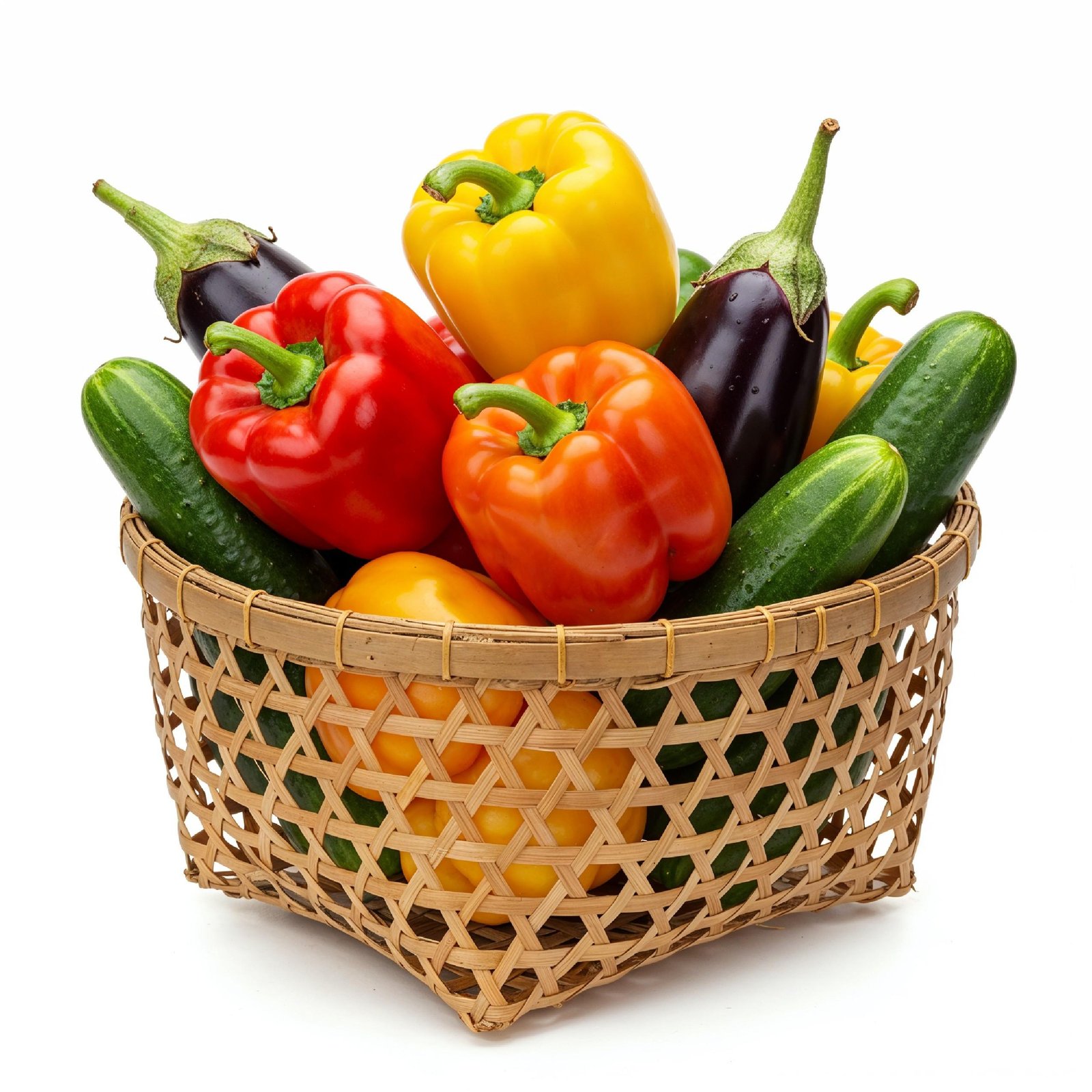 Colorful Fresh Vegetables in Decorative Bamboo Basket Isolated on White Background