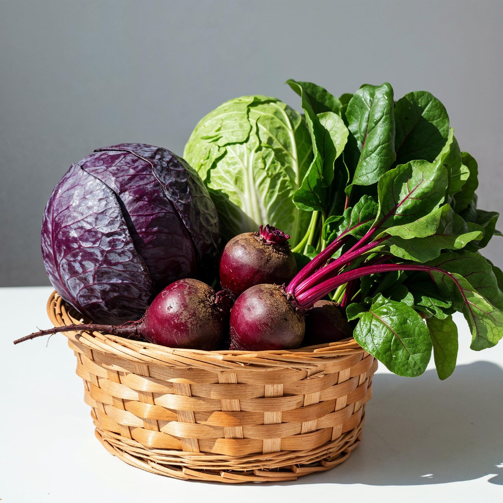 Fresh Cabbage, Beetroot and Leafy Greens in Wicker Basket Isolated on White Background