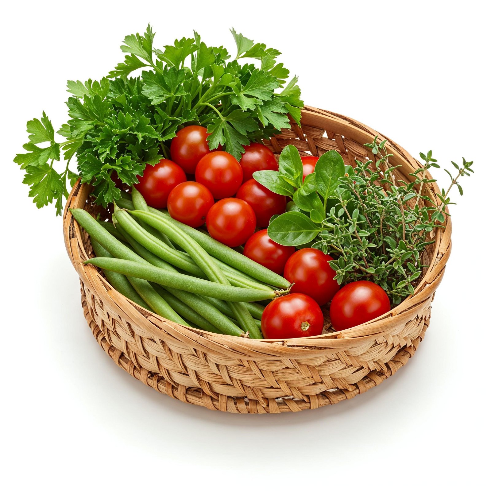 Fresh Cherry Tomatoes and Green Beans in Woven Tray Basket Isolated on White Background