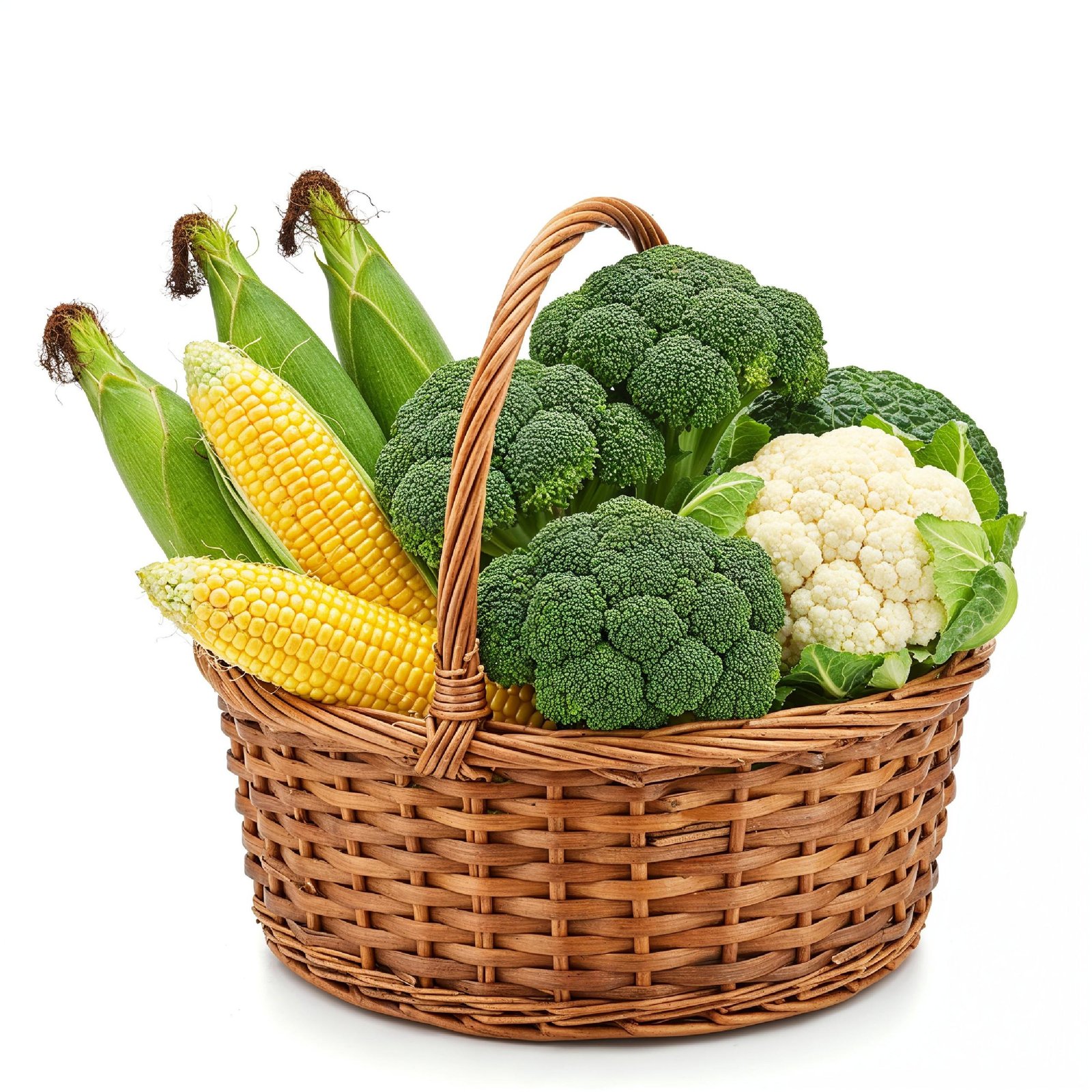 Fresh Seasonal Vegetables in Round Wicker Basket Isolated on White Background