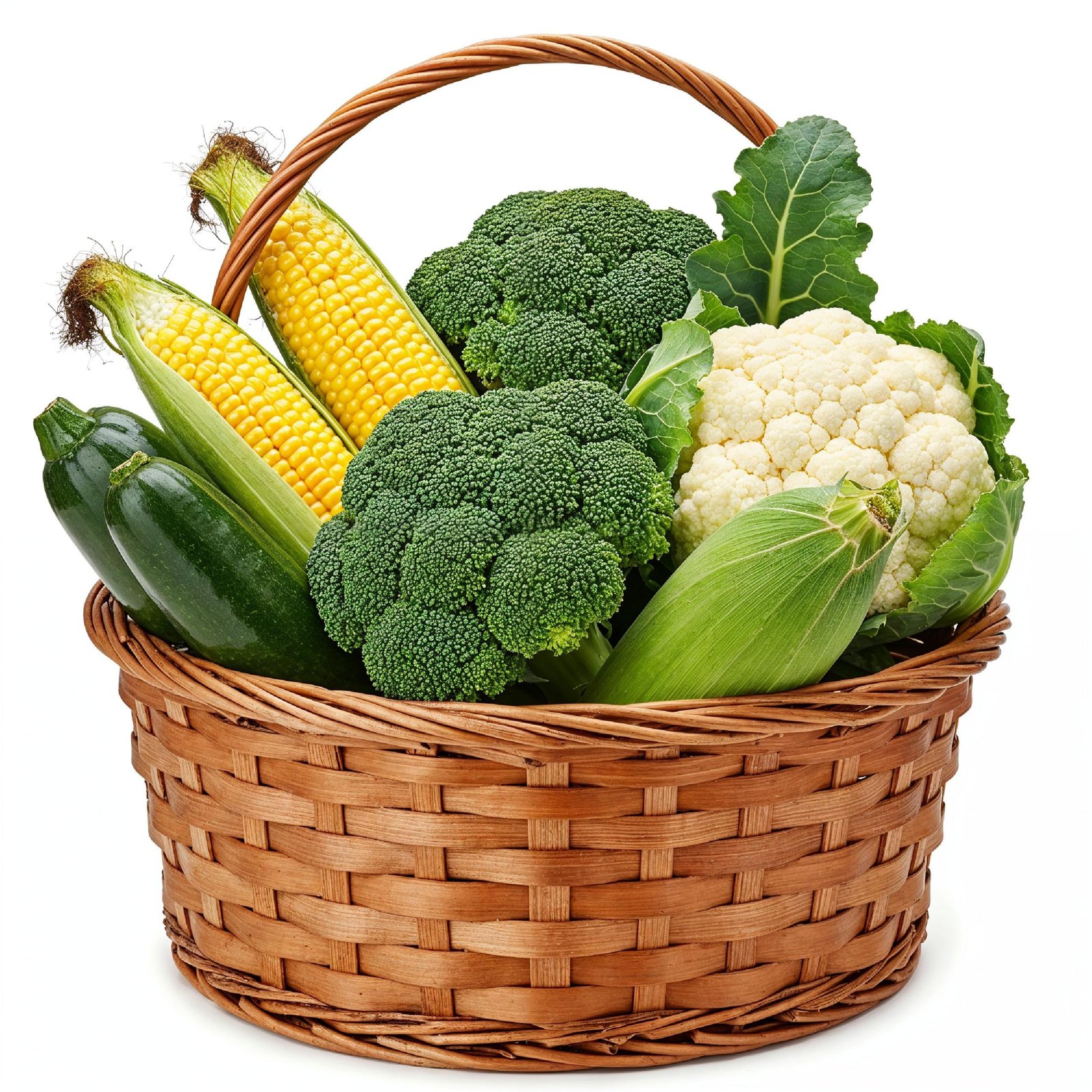 Fresh Seasonal Vegetables in Round Wicker Basket Isolated on White Background
