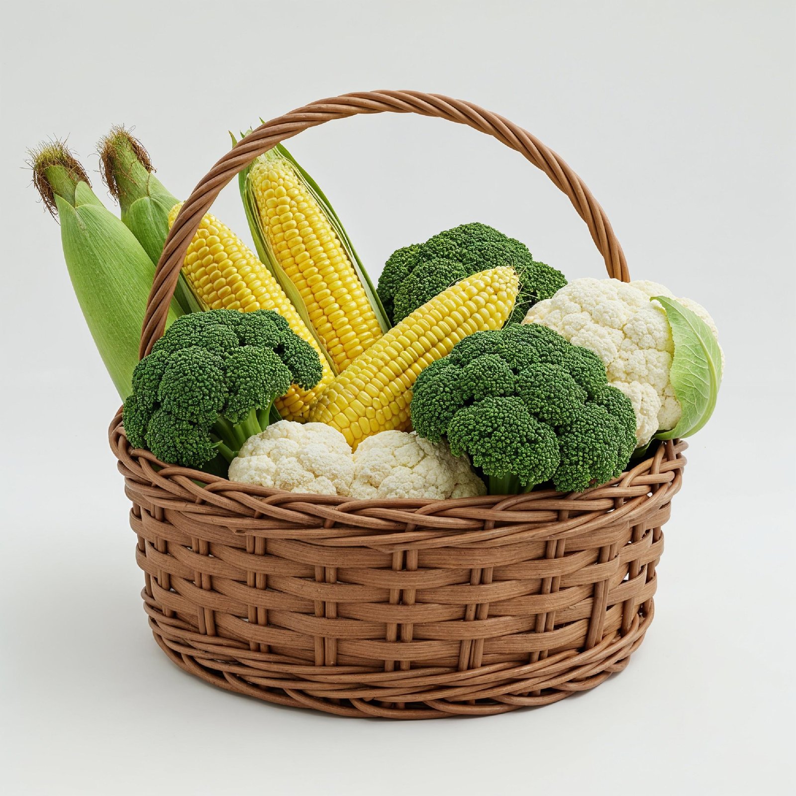 Fresh Seasonal Vegetables in Round Wicker Basket Isolated on White Background