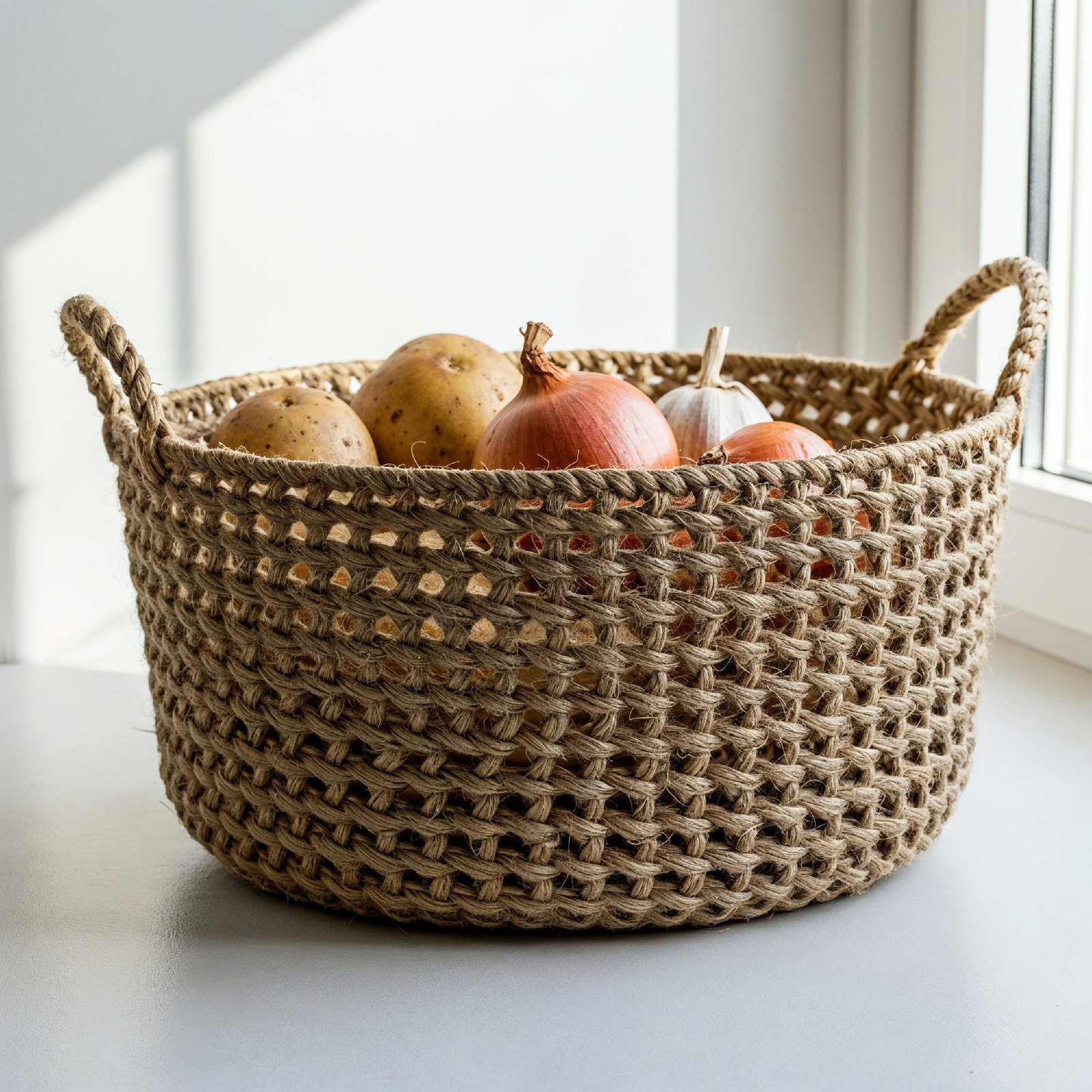 Handwoven Jute Basket with Fresh Potatoes, Onions and Garlic on White Background