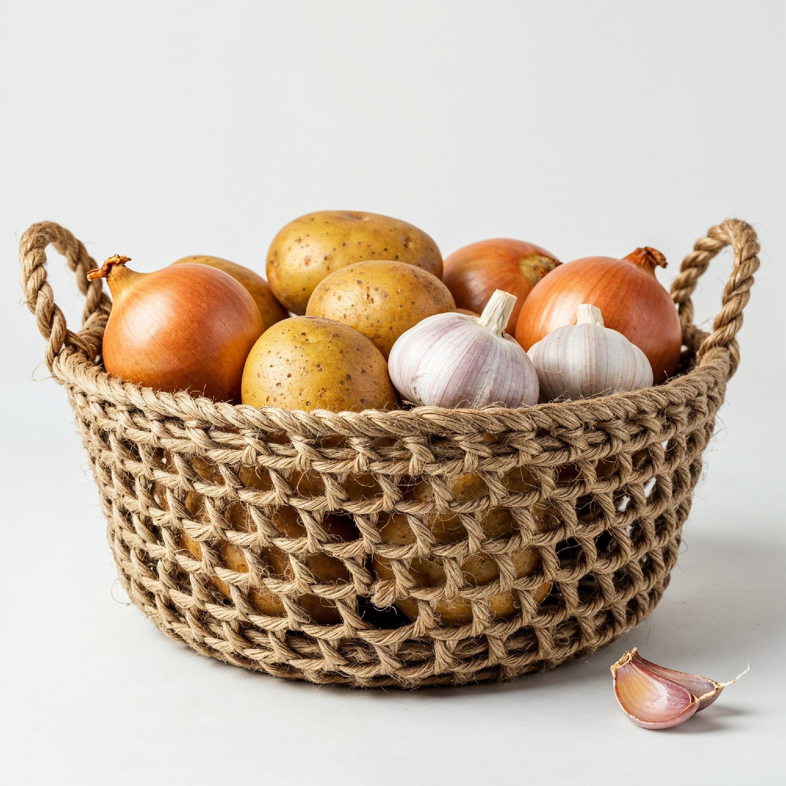 Handwoven Jute Basket with Fresh Potatoes, Onions and Garlic on White Background