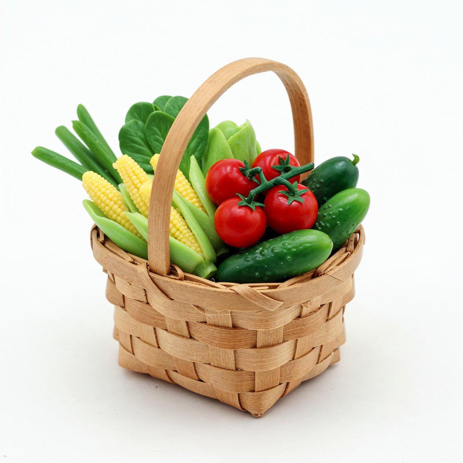 Miniature Vegetable Basket with Fresh Tomatoes, Corn and Cucumbers on White Background