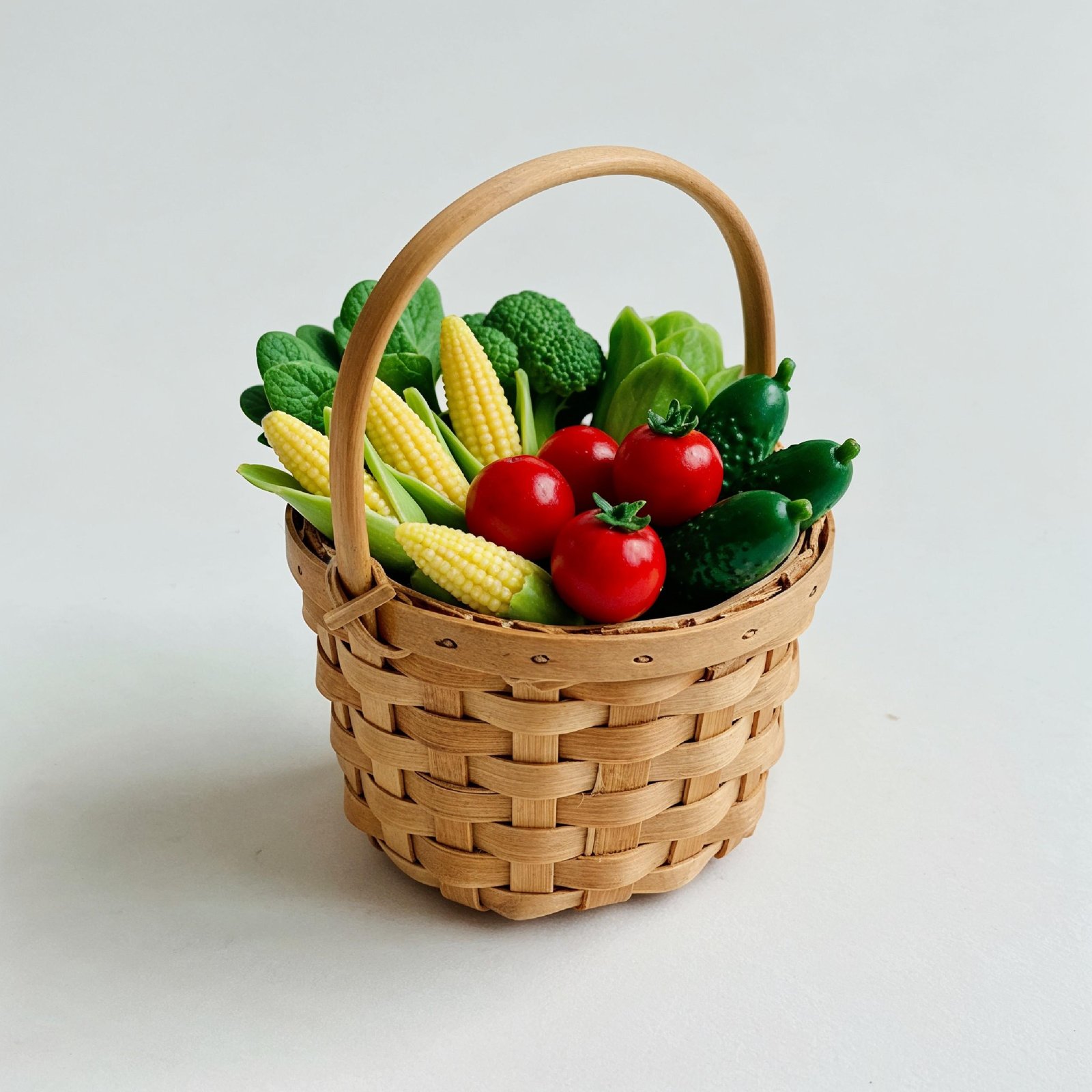 Miniature Vegetable Basket with Fresh Tomatoes, Corn and Cucumbers on White Background