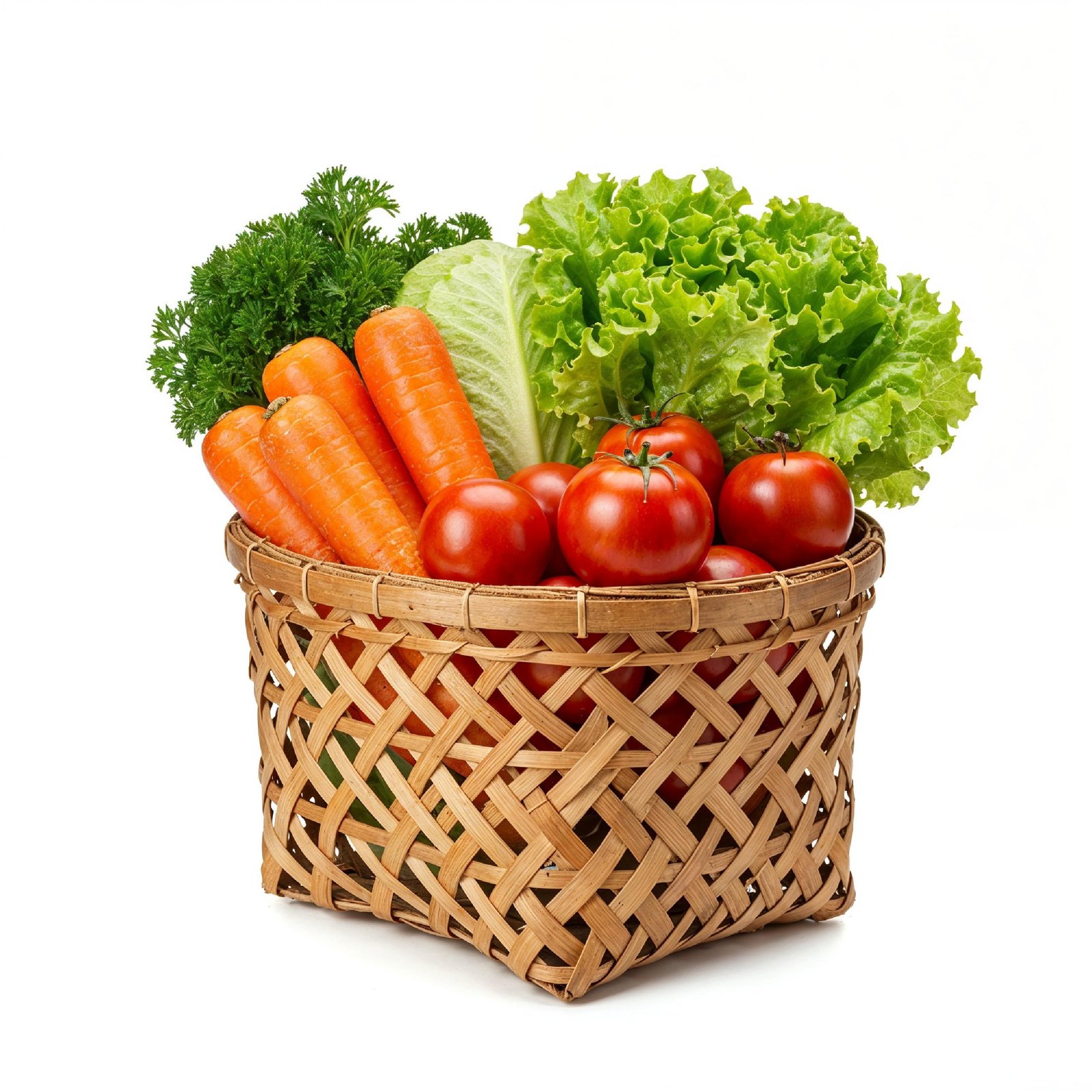 Rustic Woven Basket Filled with Fresh Organic Vegetables Isolated on White Background