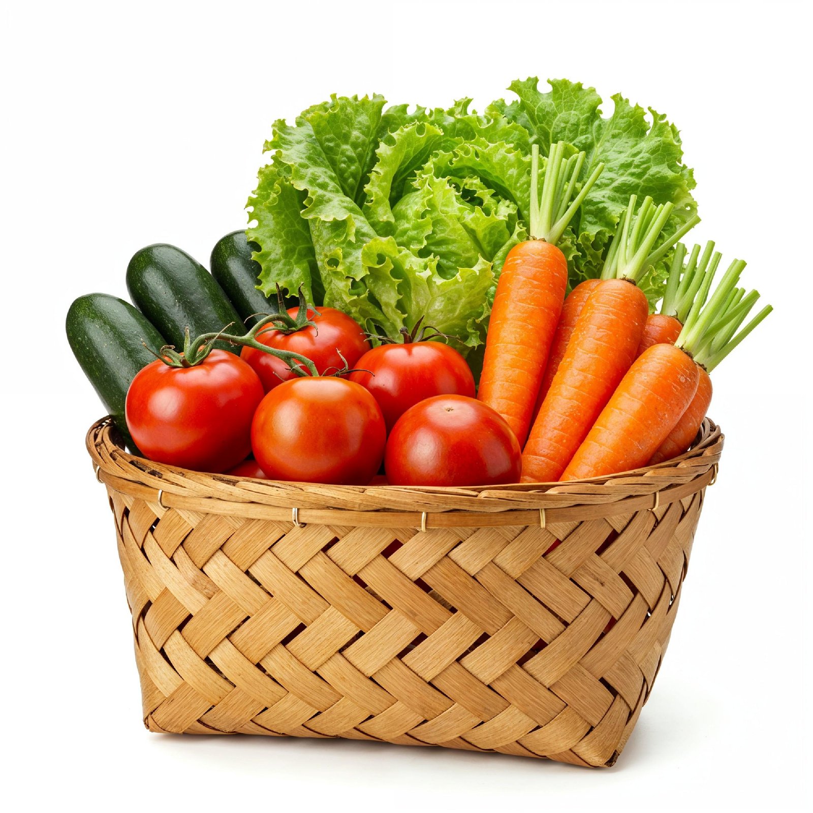 Rustic Woven Basket Filled with Fresh Organic Vegetables Isolated on White Background