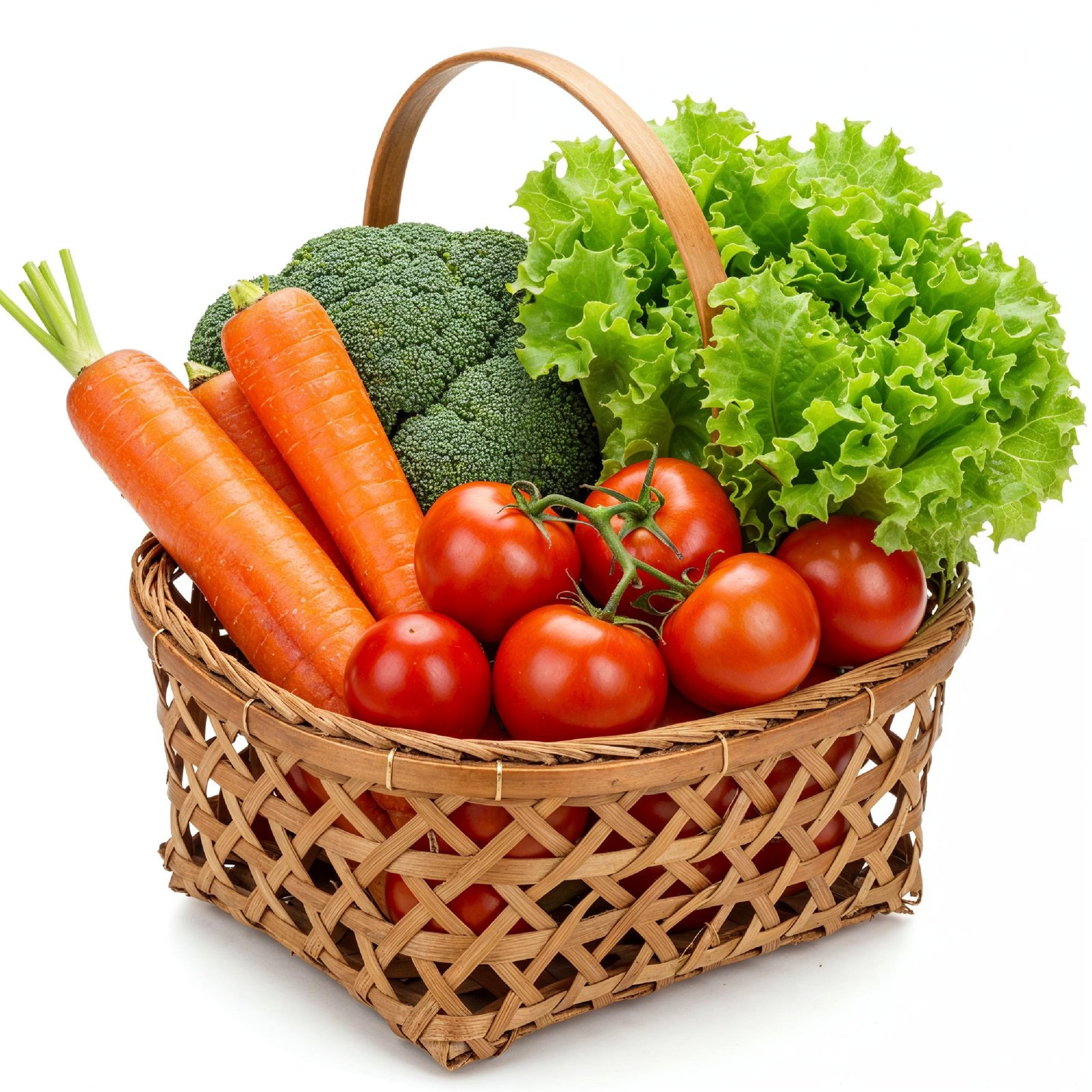 Rustic Woven Basket Filled with Fresh Organic Vegetables Isolated on White Background