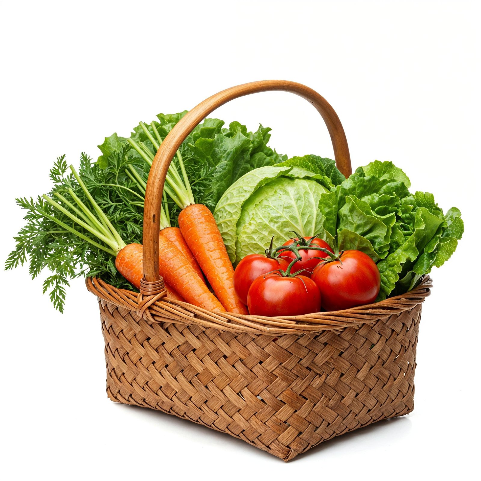 Rustic Woven Basket Filled with Fresh Organic Vegetables Isolated on White Background